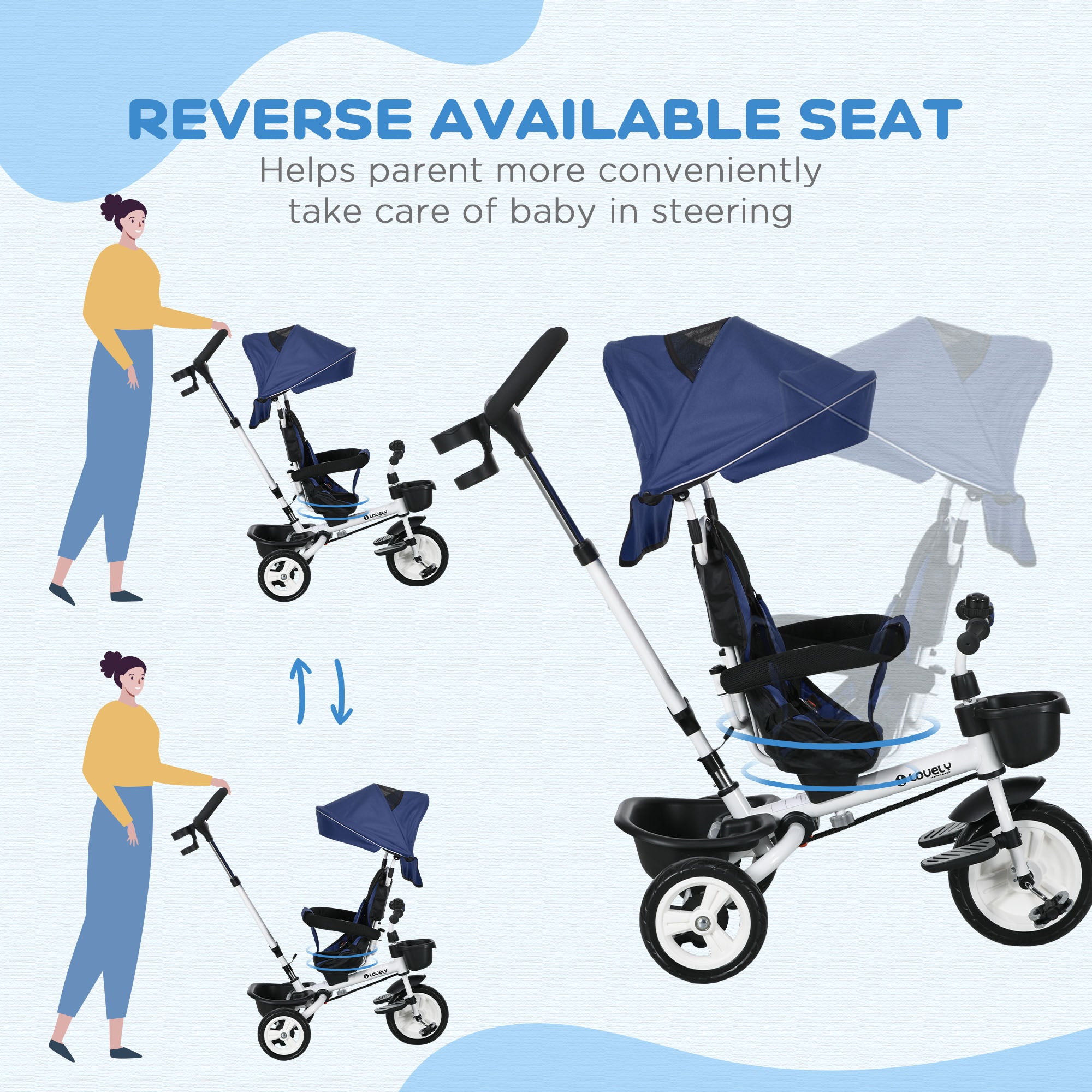 HOMCOM Metal Frame 6 in 1 Baby Push Tricycle with Parent Handle for 1-5 Years Old, Dark Blue - North Peak Garden Furniture