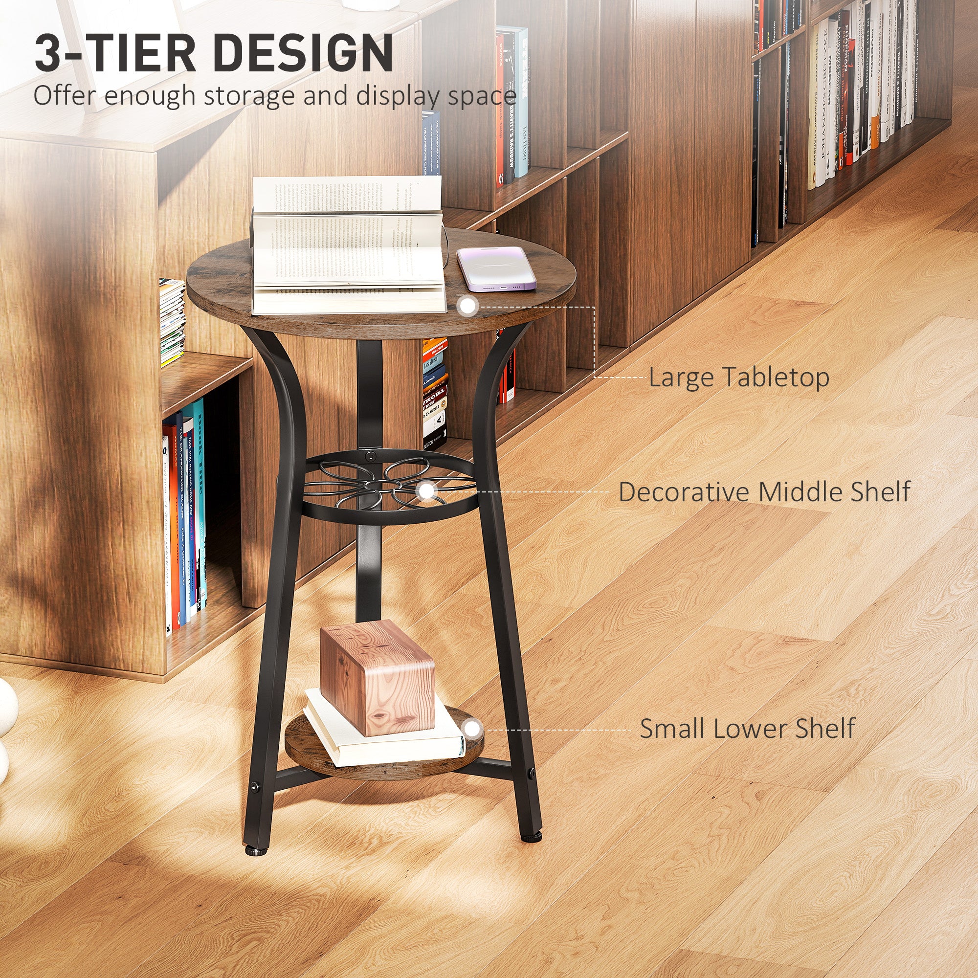 HOMCOM Small Round Side Table with 3 Storage Shelves - Rustic Brown - North Peak Garden Furniture