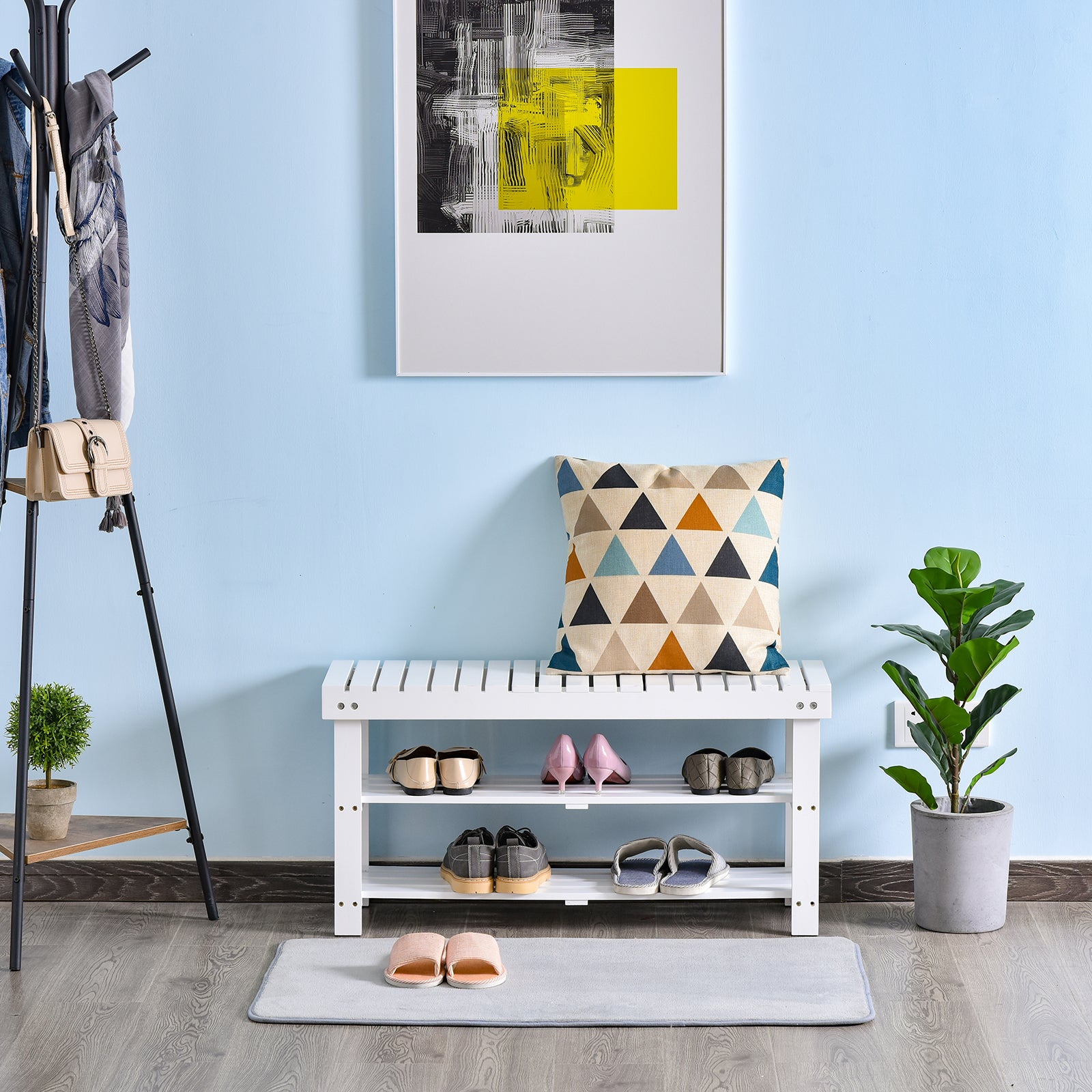 HOMCOM Shoe Bench, 3-Tier Wooden Shoe Rack with Hidden Storage Compartment, Slatted Shelves, Home Storage Unit, Hallway Furniture, White, 90L x 29W x45H cm - North Peak Garden Furniture