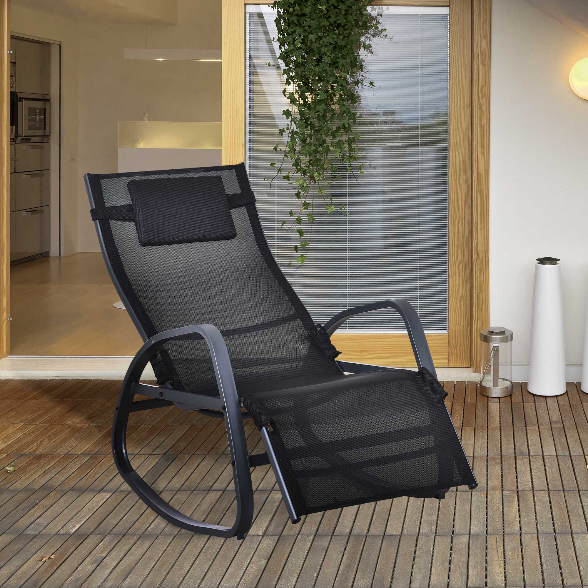 Outsunny Garden Rocking Chair with 5-Level Adjustable Backrest, Rocking Sun Lounger with Removeable Headrest Pillow, Footrest, Armrest and Safety Stopper, Black - North Peak Garden Furniture