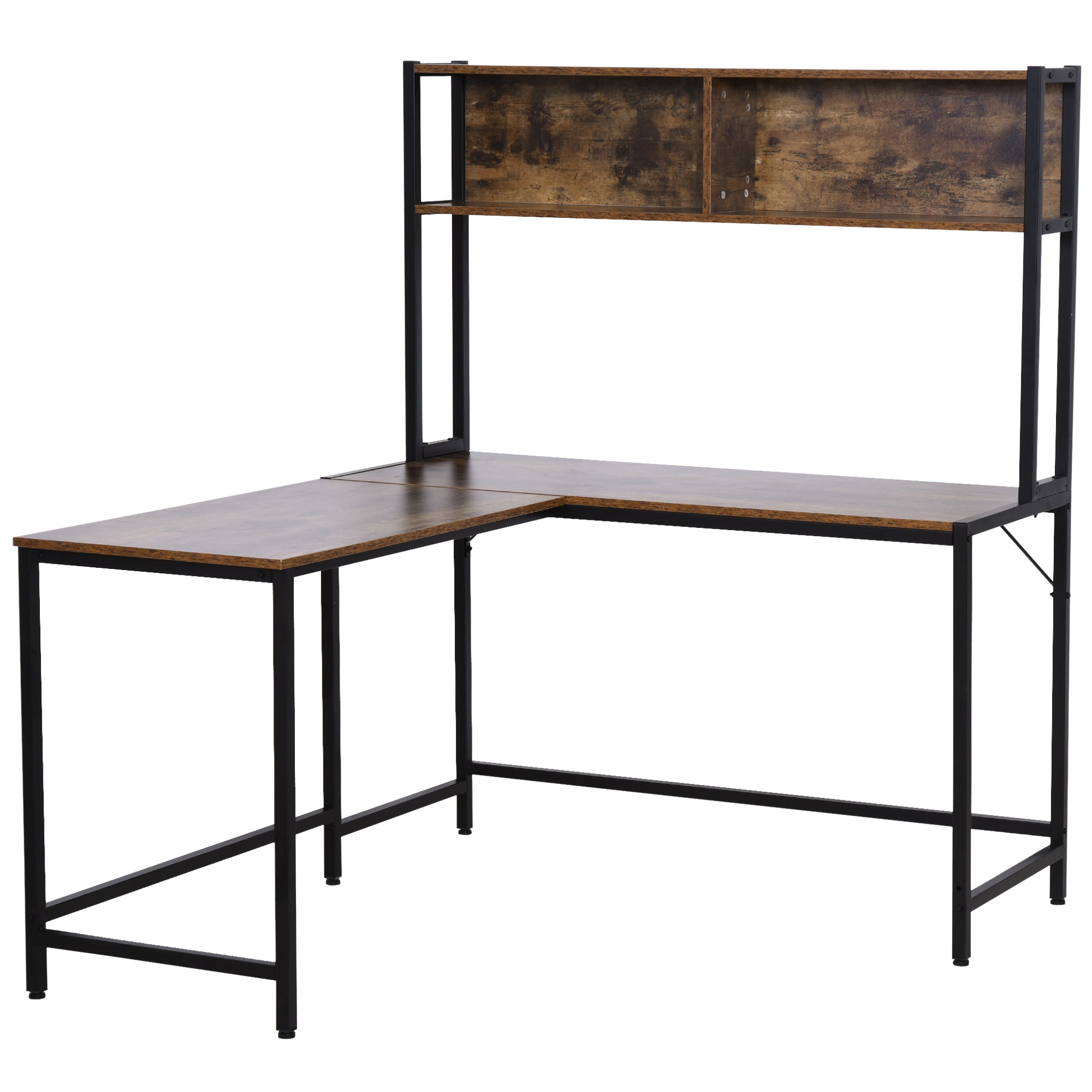 HOMCOM Reversible L Shaped Desk with Hutch, Industrial Computer Desk, Corner Desk with Storage Compartments and Steel Frame for Home Office, Study, 140 x 125cm, Brown