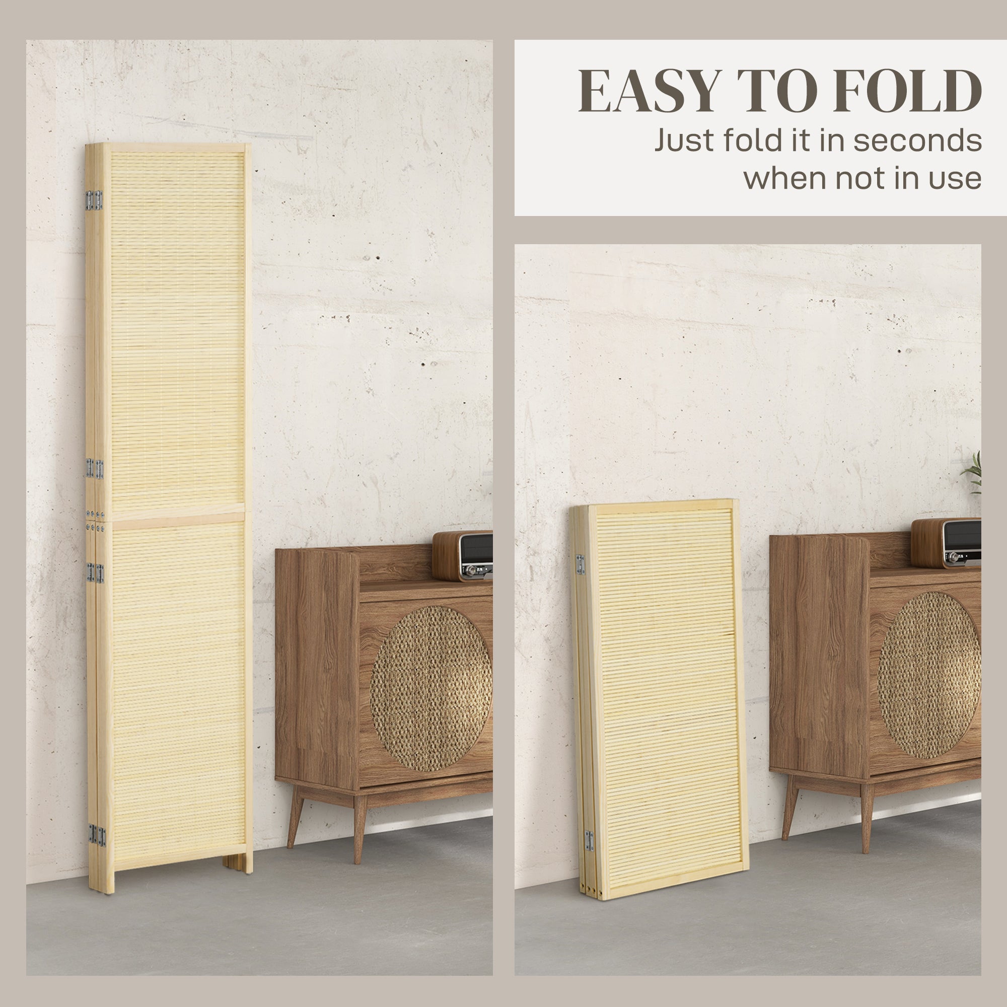 HOMCOM Room Divider, Freestanding Privacy Screen, 4 Panel Folding, 180 x 180cm, Natural