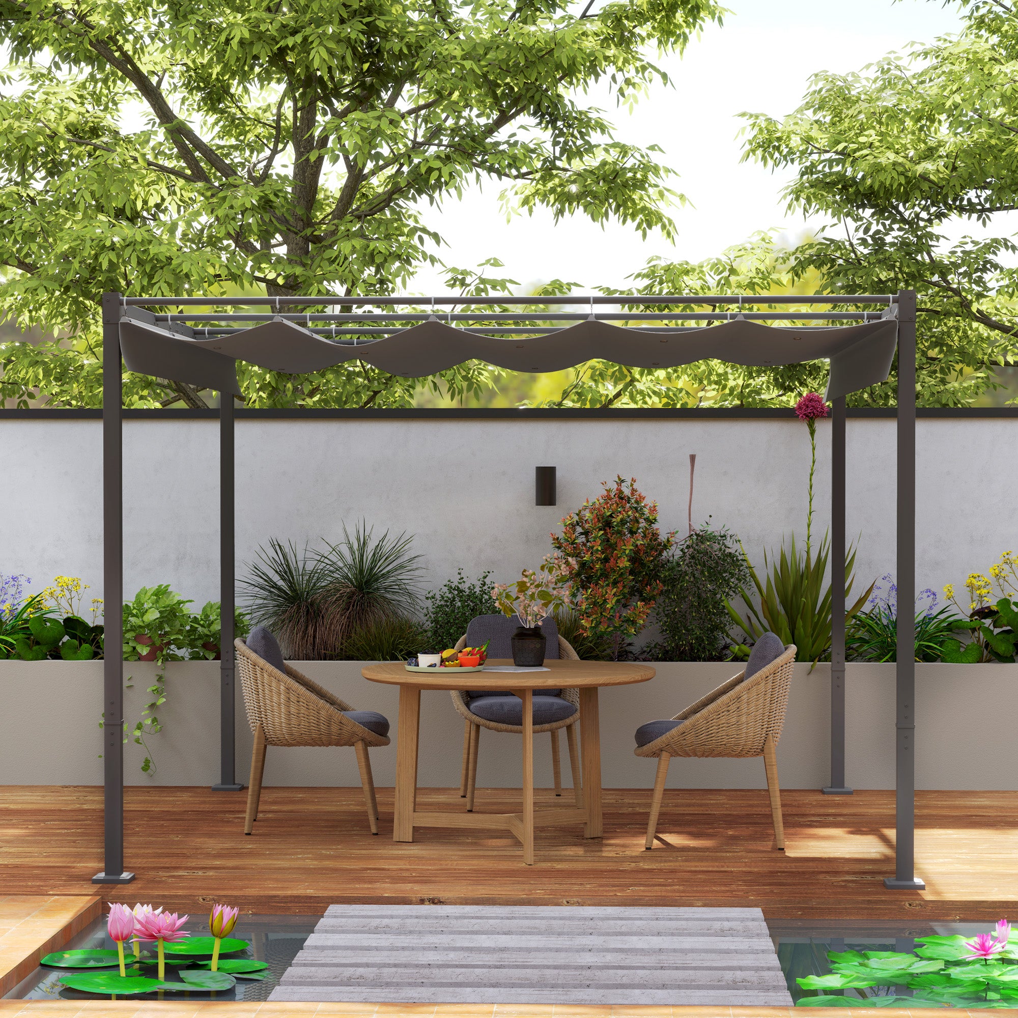 Outsunny 3 x 3(m) Garden Pergola with Retractable Roof and Magnetic Fixture, Outdoor Pergola Kit Sun Shade Canopy, UPF30+, Grey - North Peak Garden Furniture