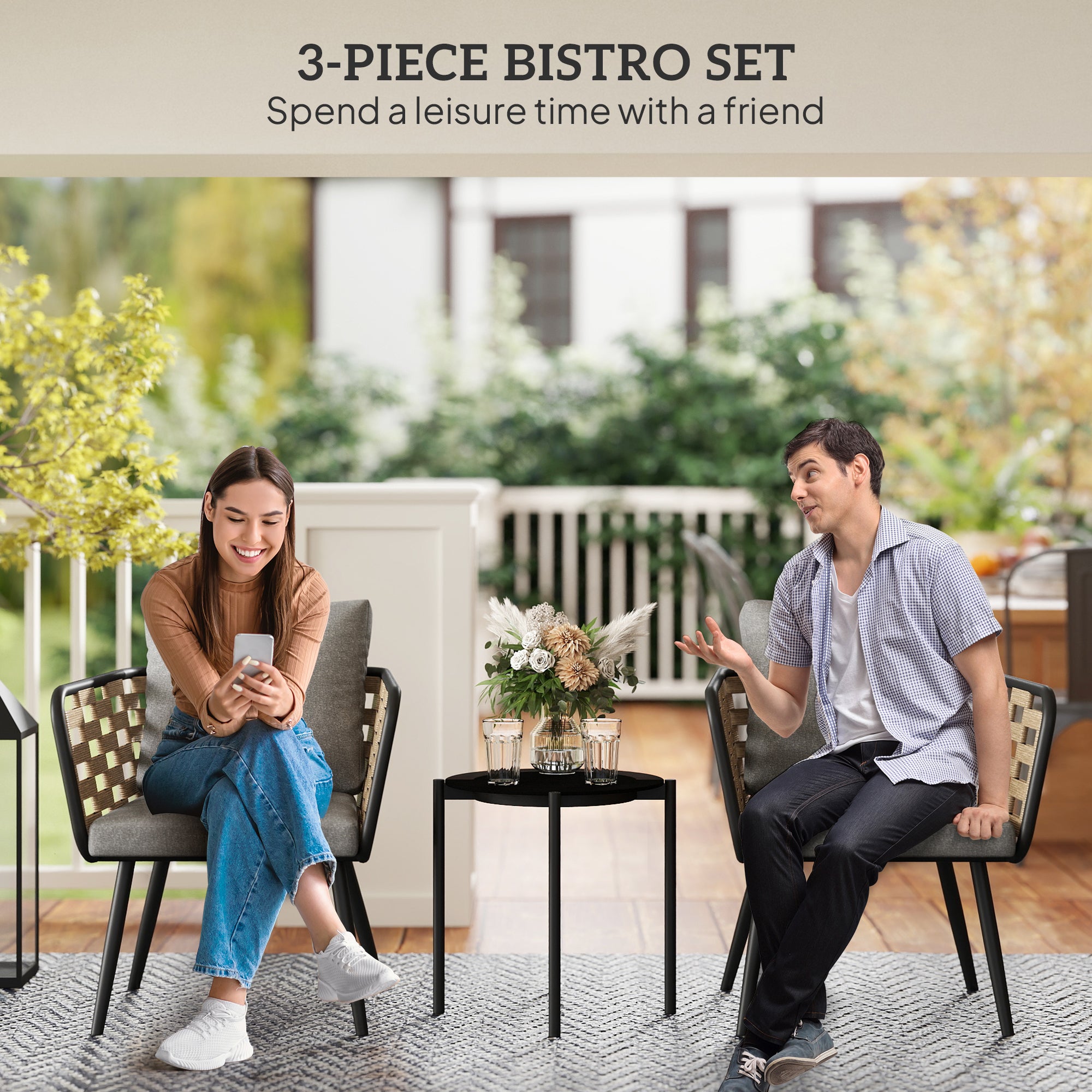Outsunny 3 Pieces Rattan Bistro Set with Washable Seat and Back Cushions, Glass Top Coffee Table, for Outdoor, Patio, Black - North Peak Garden Furniture
