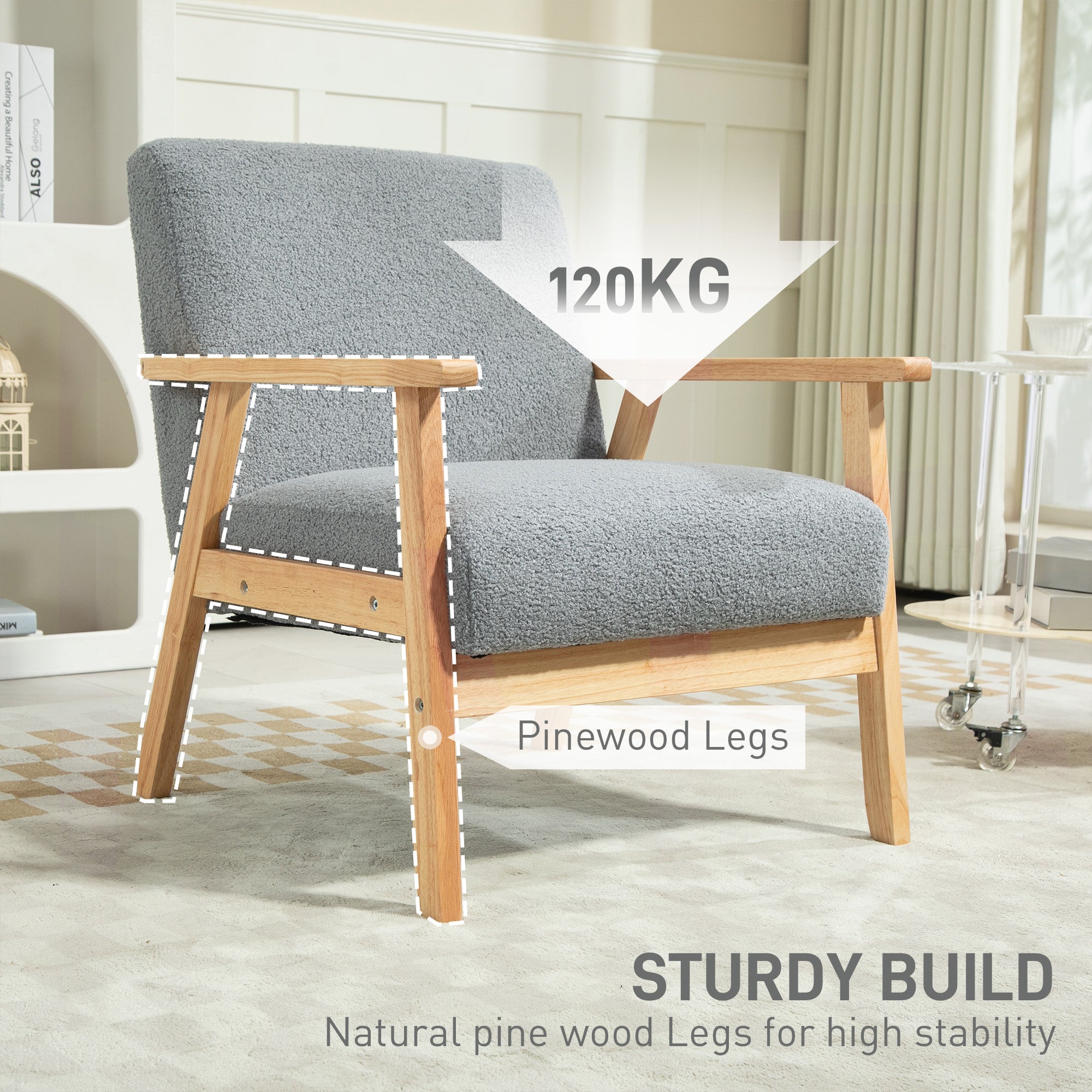 HOMCOM Accent Chair Wood Frame with Thick Cashmere Cushions Wide Seat Armchair Home Furniture Bedroom Office Grey - North Peak Garden Furniture