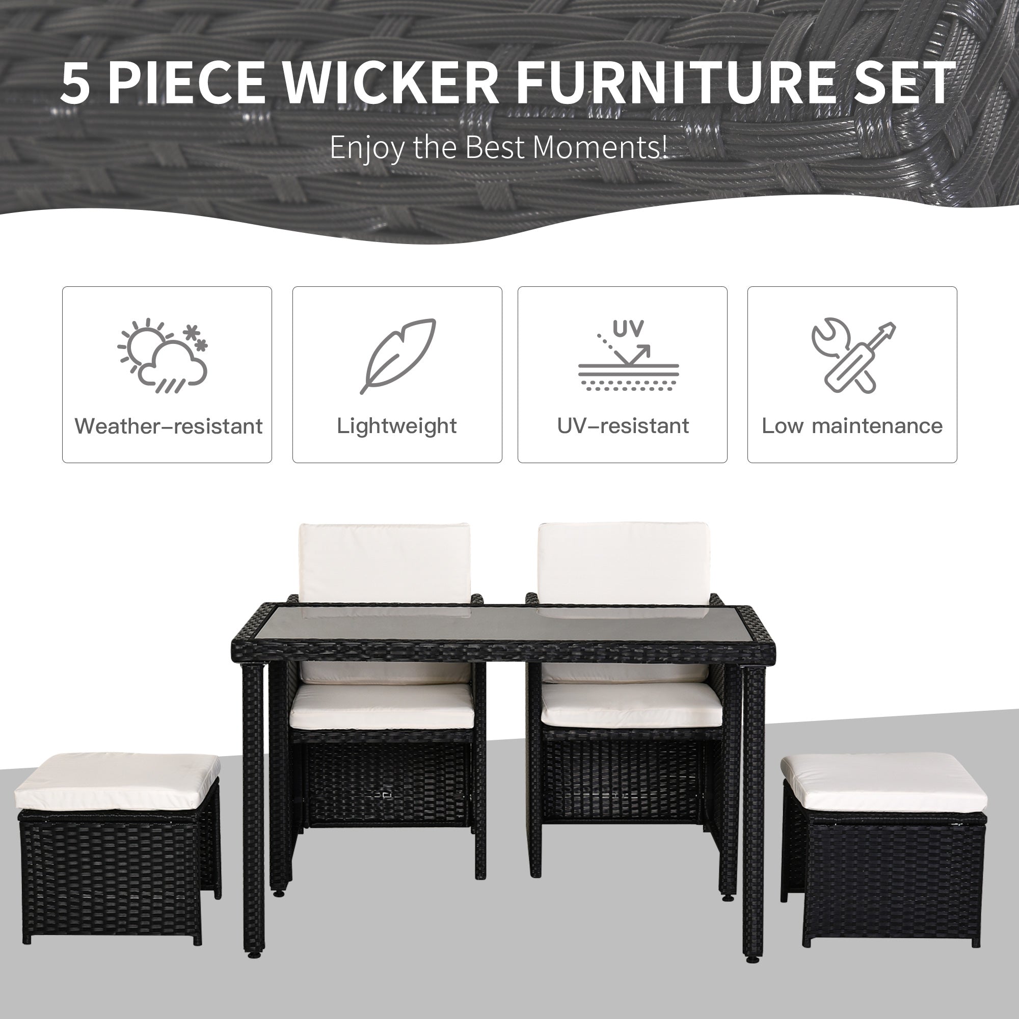Outsunny 2 Seater Rattan Cube Garden Furniture Set, Rattan Dining Set with Cushions, Outdoor Dining Table and Chairs with 2 Armchairs, 2 Stools, Rectangular Glass Top Table for Patio, Balcony, Black - North Peak Garden Furniture
