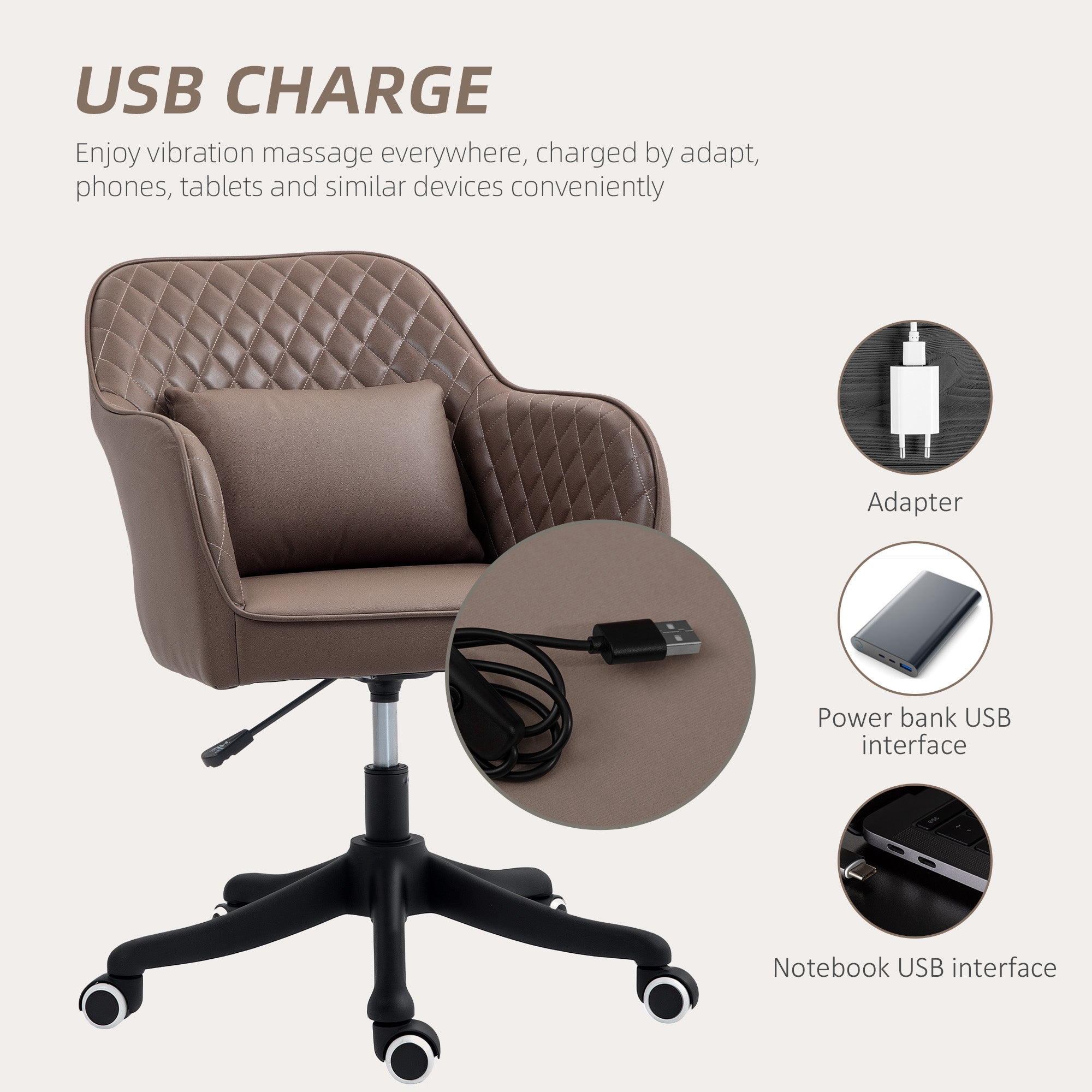Vinsetto Microfiber Office Chair, Desk Chair, Makeup Vanity Chair with Massage Lumbar Pillow and Rolling Wheels for Bedroom and Home, Brown - North Peak Garden Furniture