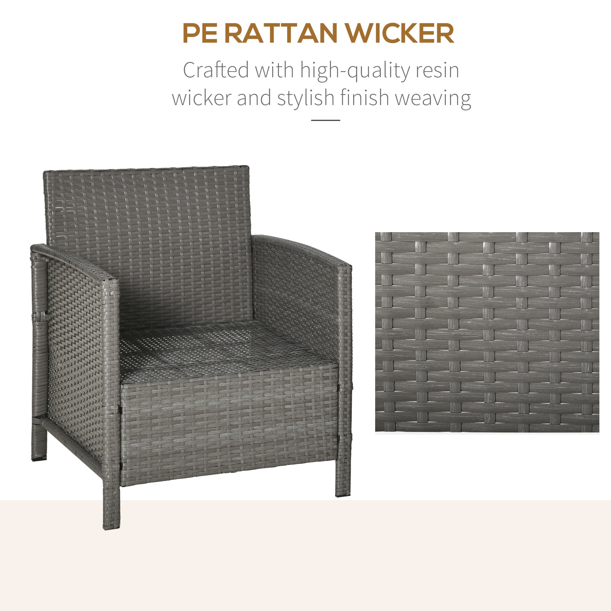 Outsunny 3 Pieces Rattan Bistro Set, Wicker Garden Furniture Set, Glass Top 2-tier Coffee Table and Chairs Set with Pillows and Washable Cushions for Outdoor, Patio, Balcony, Light Grey - North Peak Garden Furniture