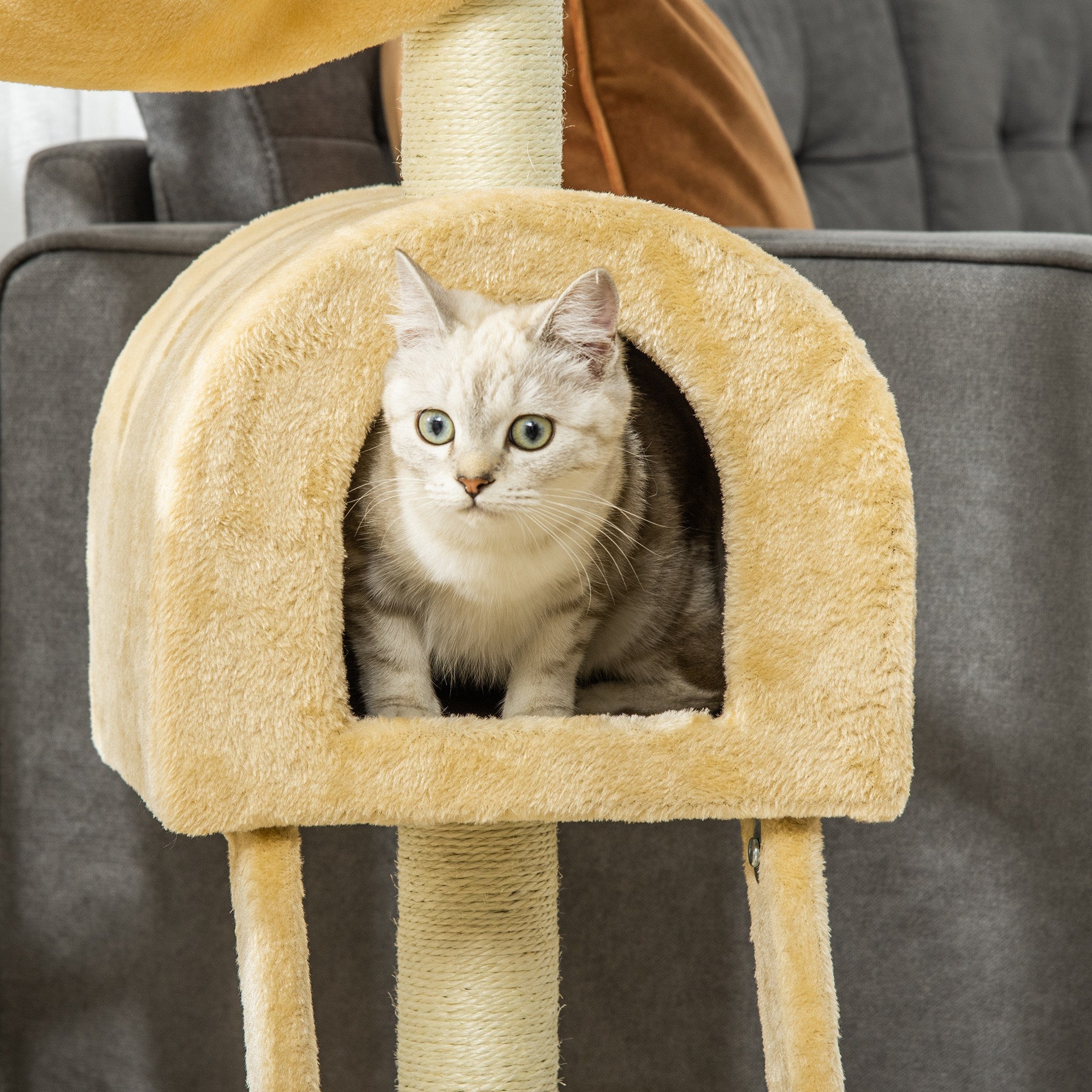 PawHut Cat Tree Tower for Indoor Cats Kitten Activity Centre Scratching Post w/ Hammock House Basket Ladder - Beige - North Peak Garden Furniture