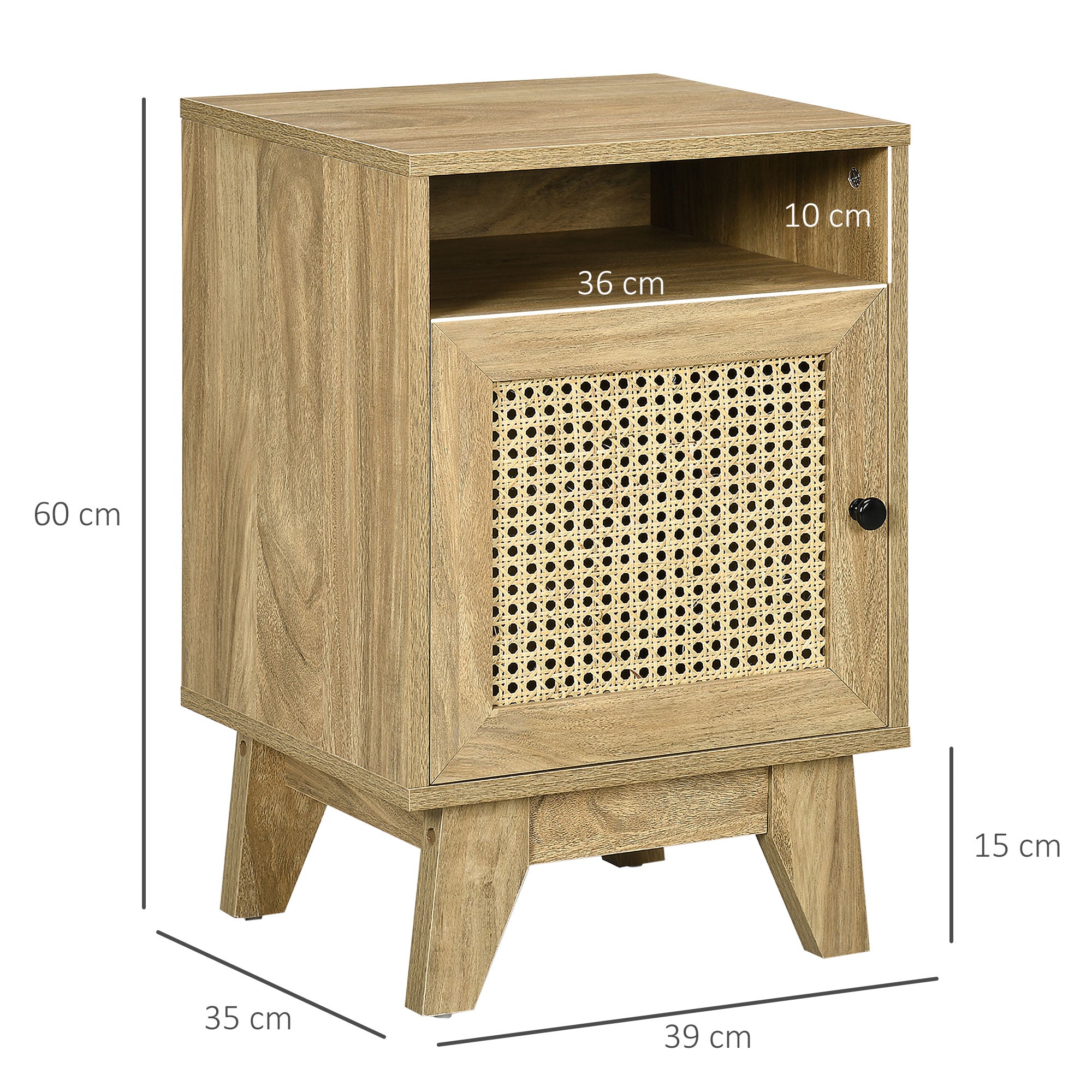 HOMCOM Bedside Table with Rattan Element, Side End Table with Shelf and Cupboard, 39cmx35cmx60cm, Natural - North Peak Garden Furniture
