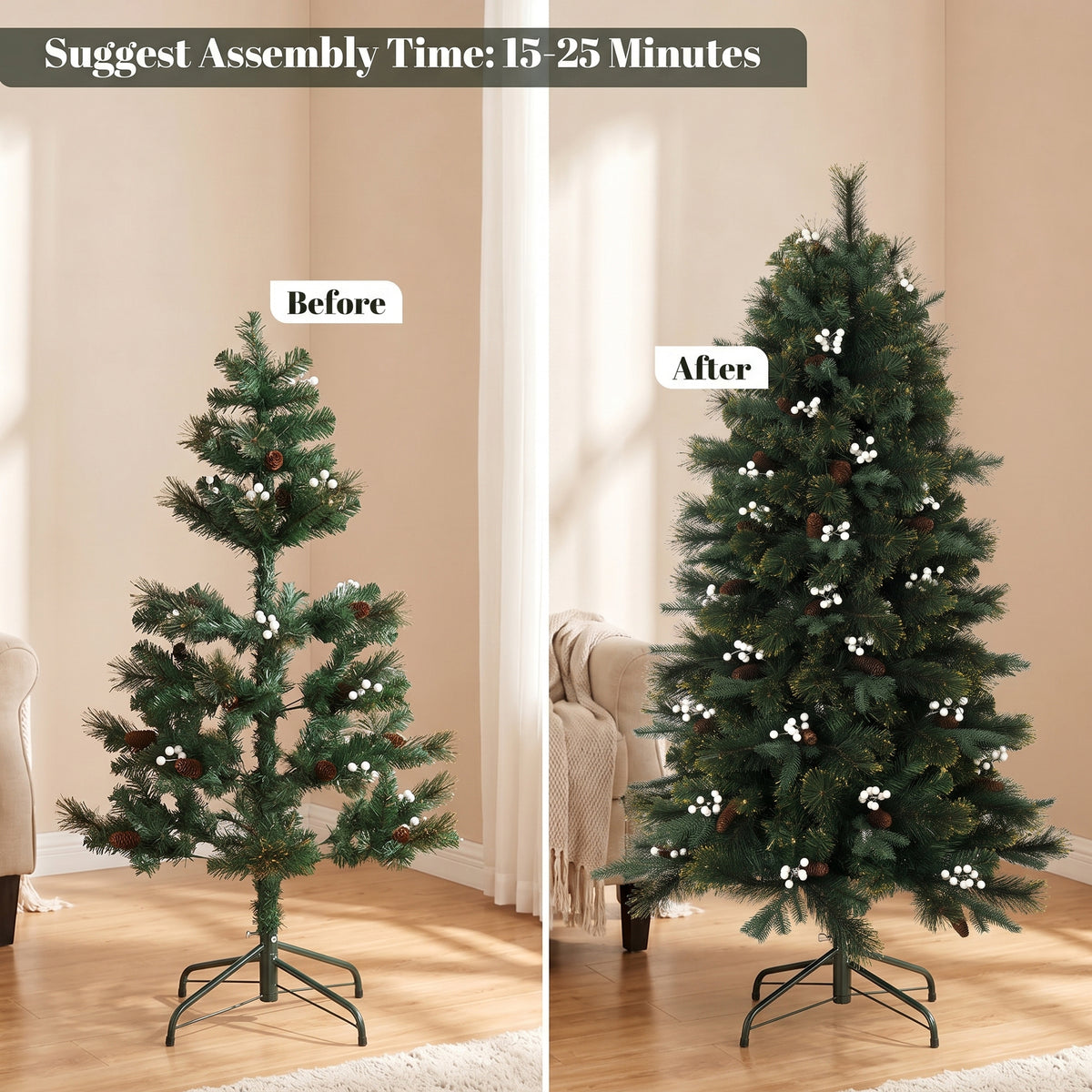 HOMCOM 5ft Artificial Christmas Tree, Fir Hinged Xmas Tree with 490 Branch Tips, Foldable Metal Stand, Easy Assembly, Green