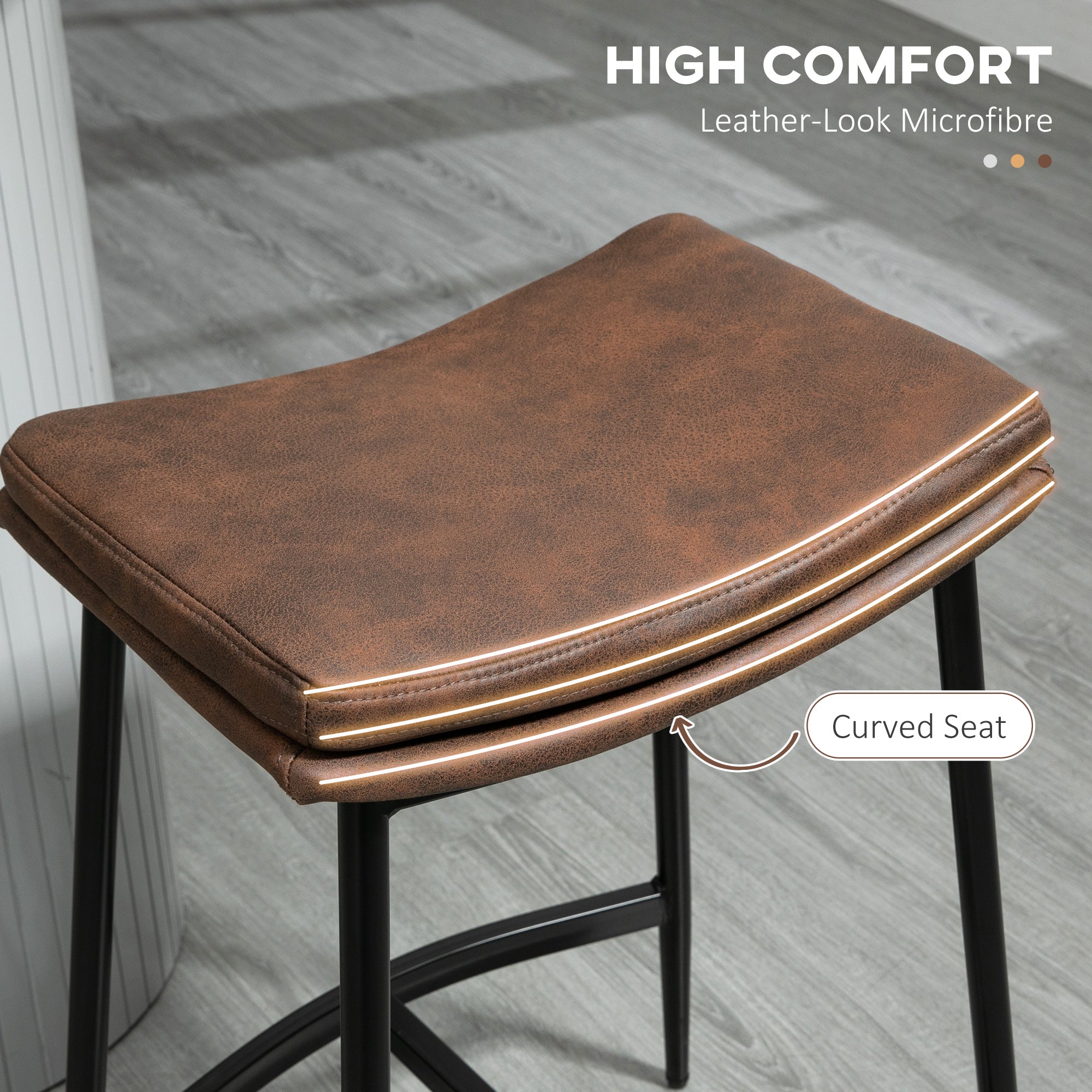 HOMCOM Breakfast Bar Stools Set of 2, Microfibre Upholstered Barstools, Industrial Bar Chairs with Curved Seat and Steel Frame for Dining Room, Kitchen, Brown - North Peak Garden Furniture
