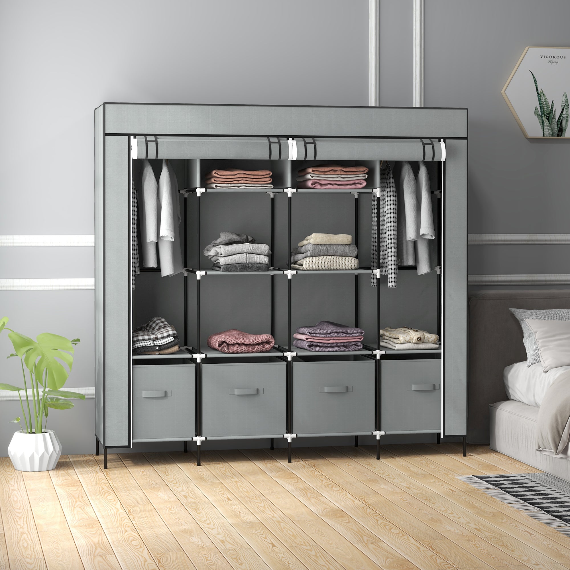 HOMCOM Fabric Wardrobe for Bedroom, Portable Cloth Wardrobe with 10 Compartments, 2 Hanging Rails and 4 Fabric Drawers, 166 x 42.5 x 169.5cm, Dark Grey - North Peak Garden Furniture