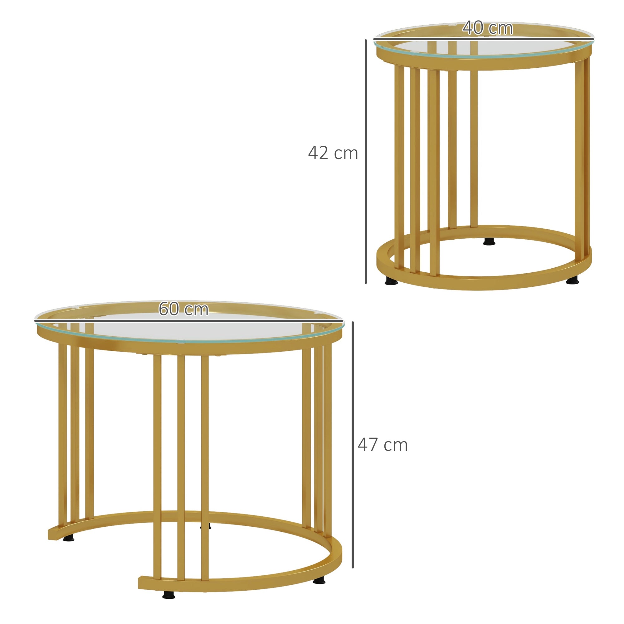 HOMCOM Round Coffee Tables Set of 2, Nesting Tables with Tempered Glass Top and Steel Frame, 60cmx60cmx47cm, Gold Tone - North Peak Garden Furniture