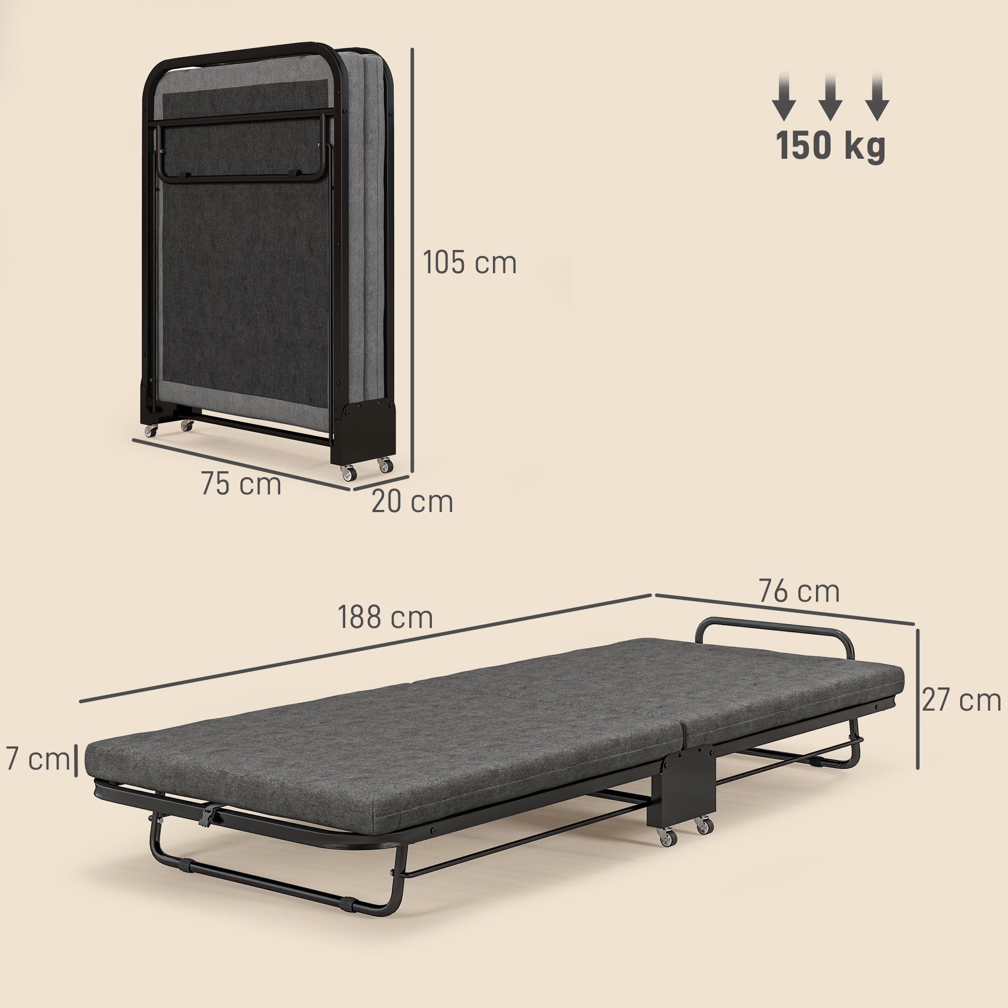 HOMCOM Single Temporary Folding Bed - Grey - North Peak Garden Furniture