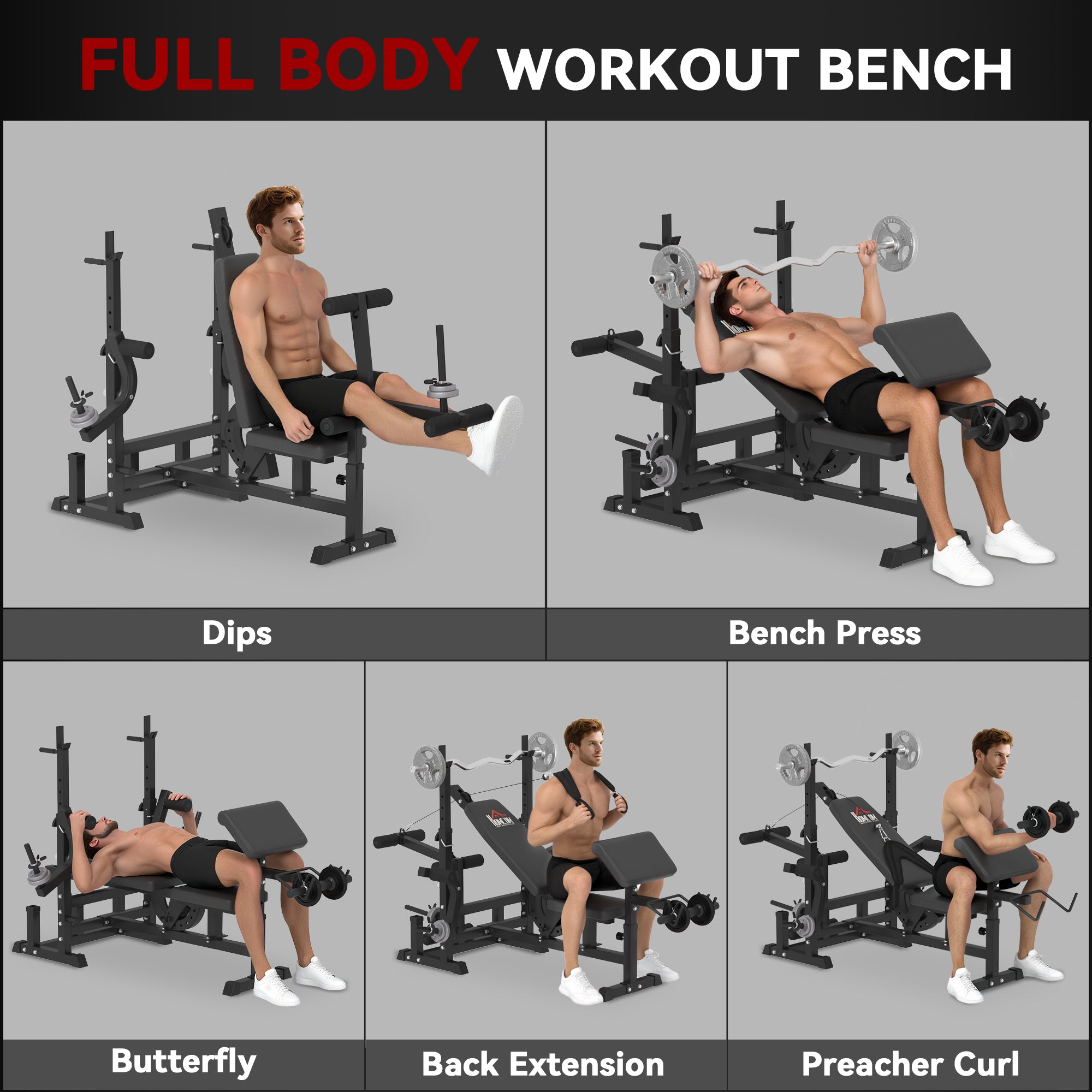 HOMCOM Multi-Exercise Full-Body Weight Rack with Bench Press, Leg Extension, Chest Fly Resistance Band & Preacher Curl