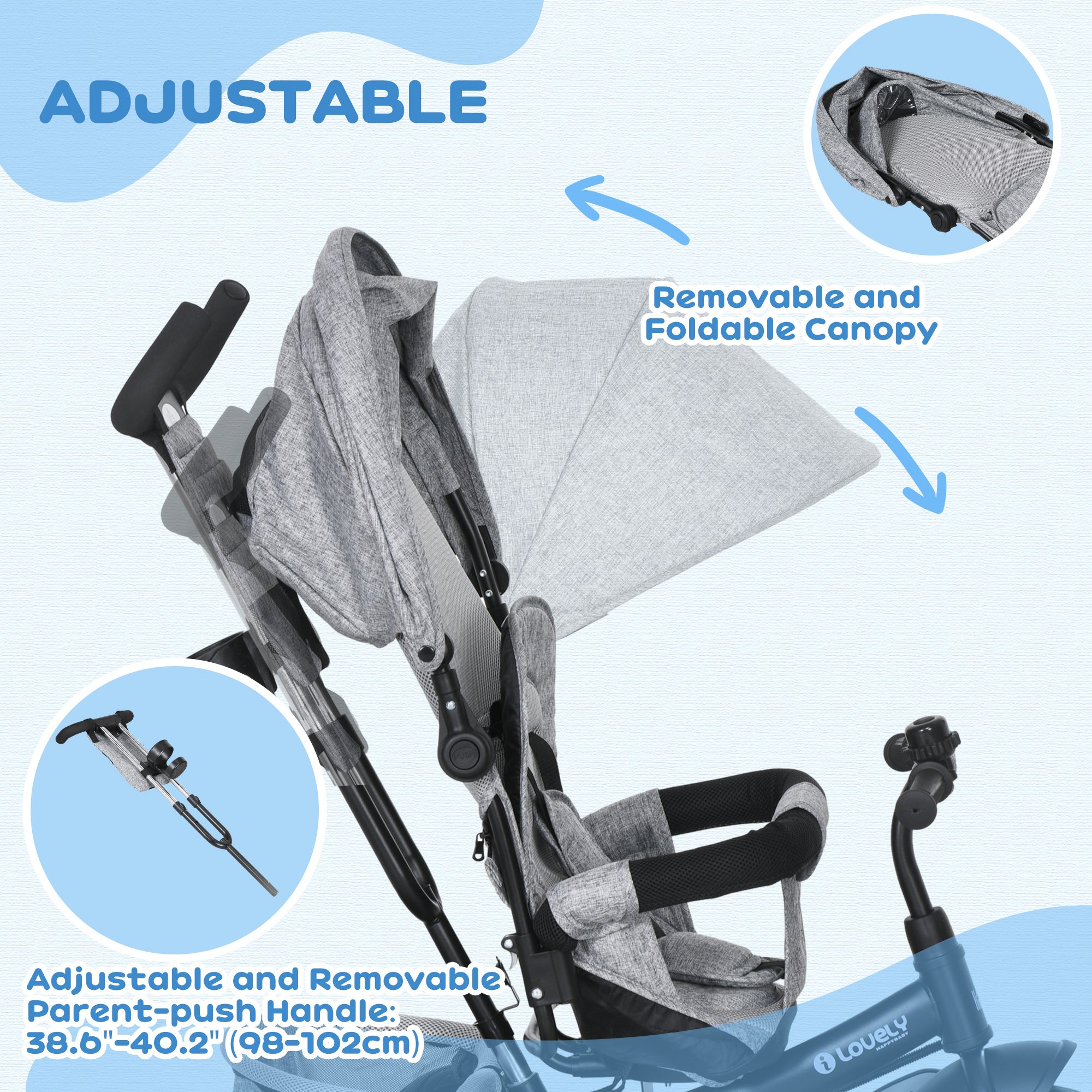 HOMCOM 6 in 1 Kids Trike Push Bike w/ Push Handle, Canopy, 5-point Safety Belt, Storage, Footrest, Brake, for 1-5 Years, Grey - North Peak Garden Furniture