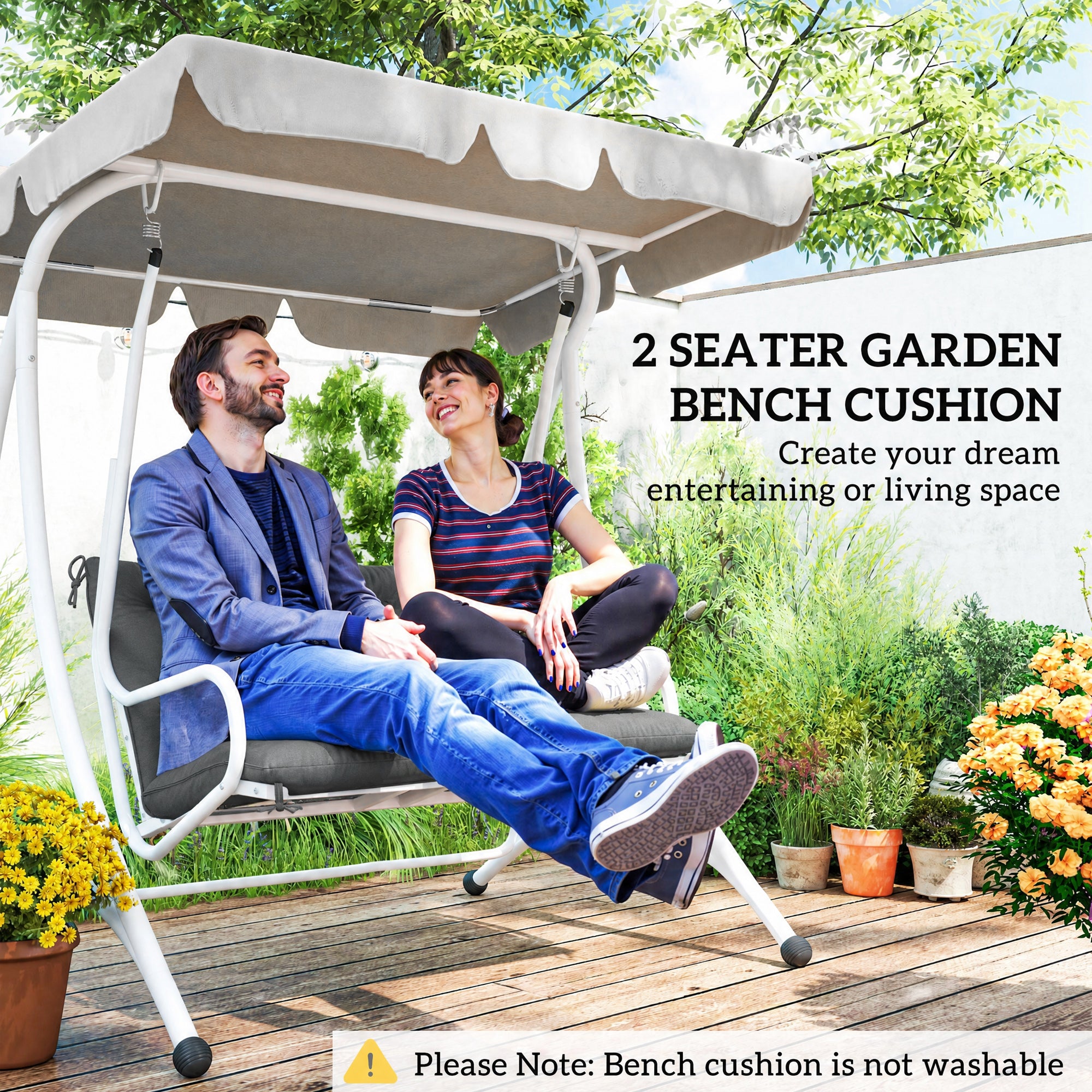 Outsunny 2 Seater Bench Cushion, Garden Chair Cushion with Back and Ties for Indoor and Outdoor Use, 98 x 100 cm, Dark Grey