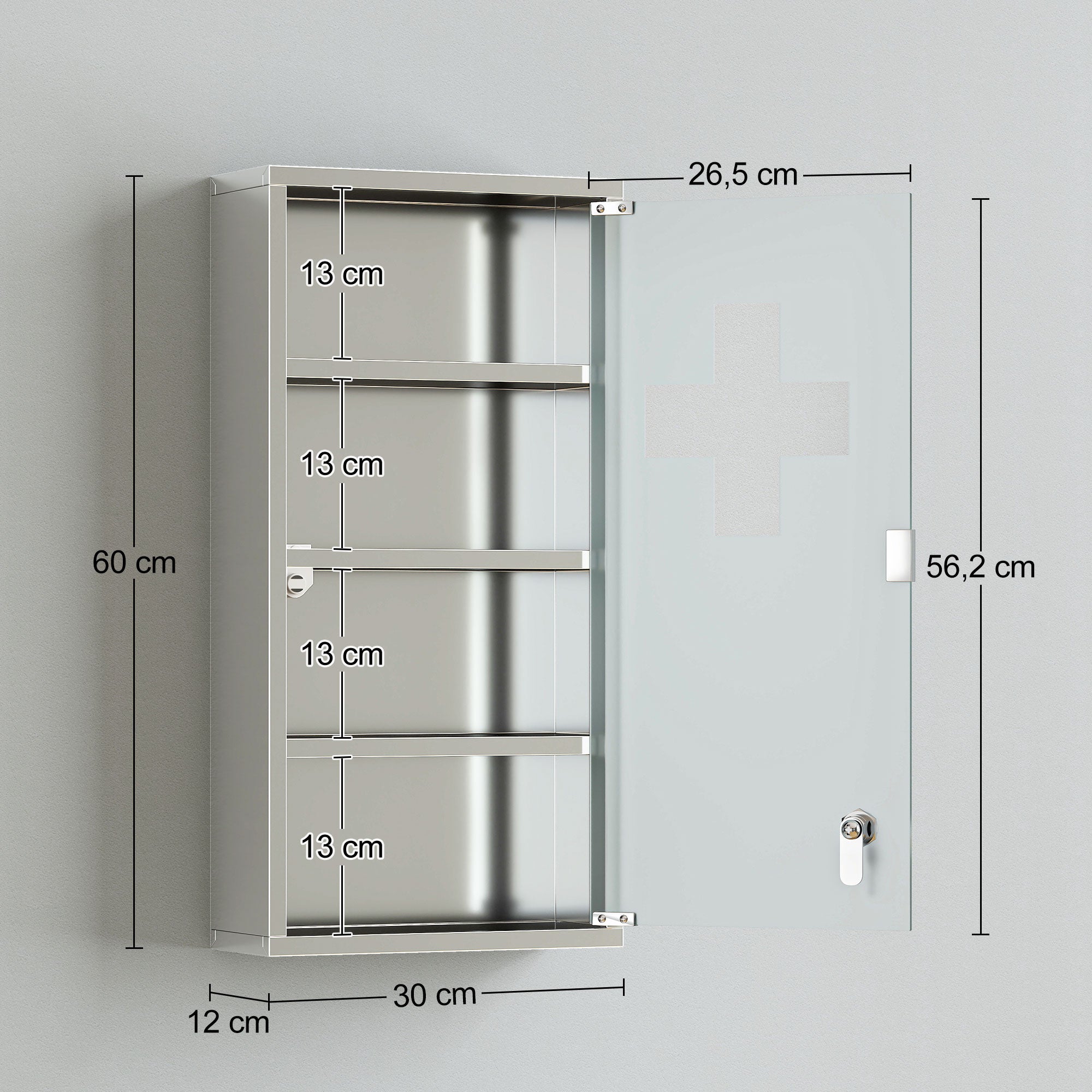 HOMCOM 4 Tier Stainless Steel Wall Mounted Medicine Cabinet Glass Lockable Door Storage Shelves Houseware Bathroom Furniture 60Hx30Wx12D(cm) w/2 Keys