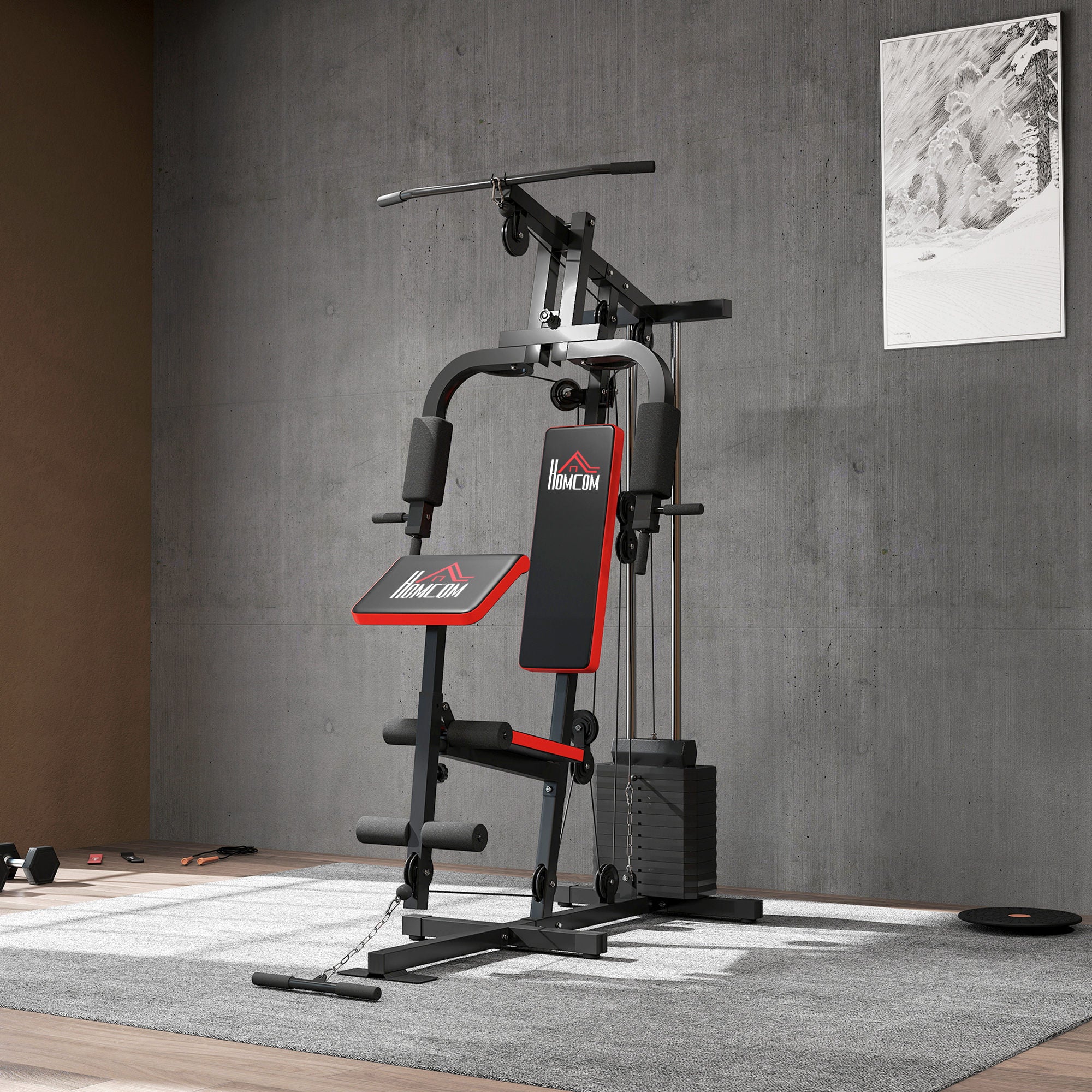 HOMCOM Multigym Station, with 66KG Weight Stack, for Strength Training - Red & Black