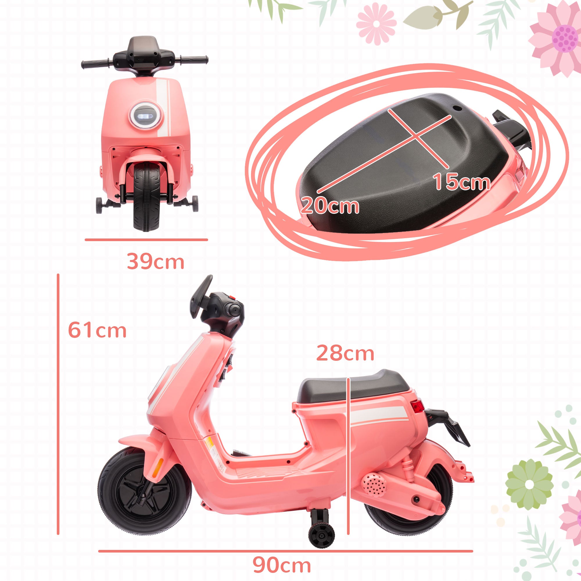 AIYAPLAY 6V Ride on Motorbike Kids Electric Motorbike w/ Headlight Music, Training Wheels, for Ages 18-36 Months - Pink