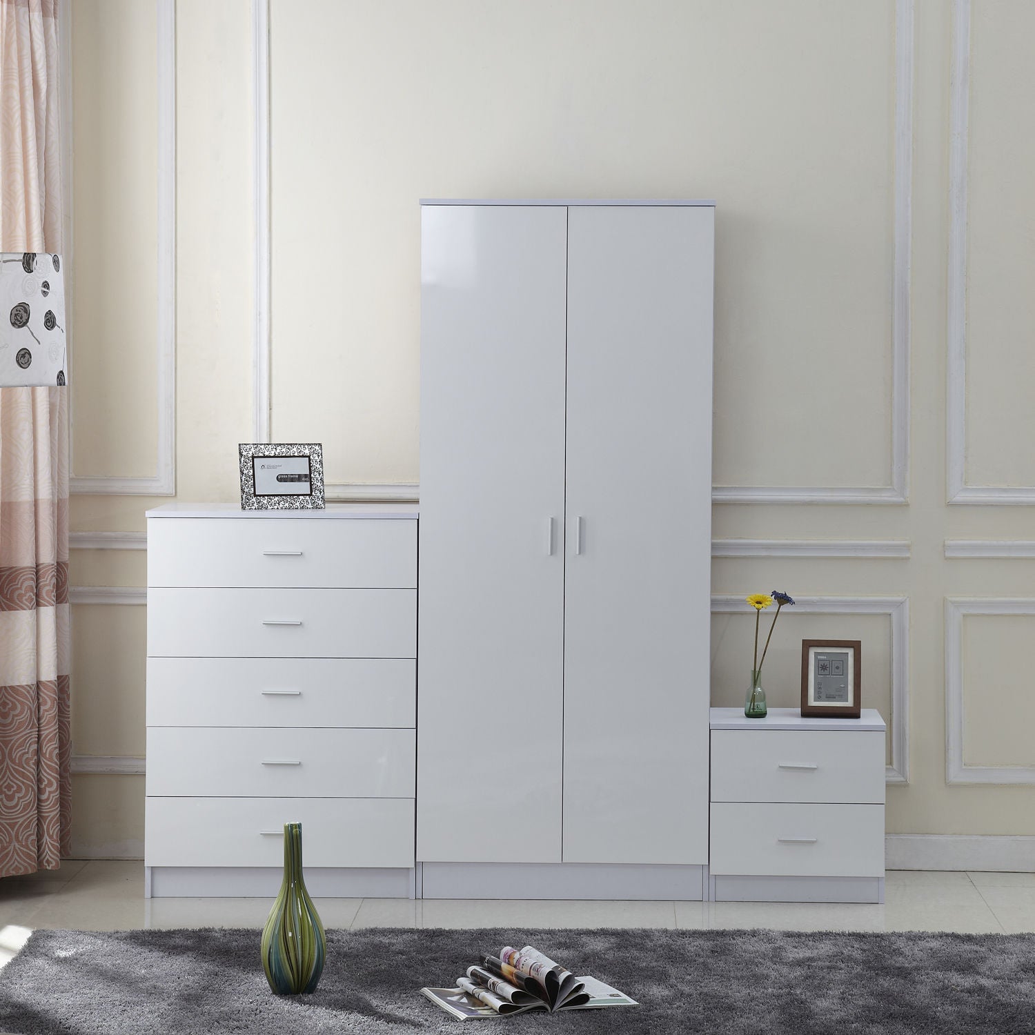 HOMCOM High Gloss 3 Piece Trio Bedroom Furniture Set Wardrobe + Chest Of Drawer + Bedside White - North Peak Garden Furniture