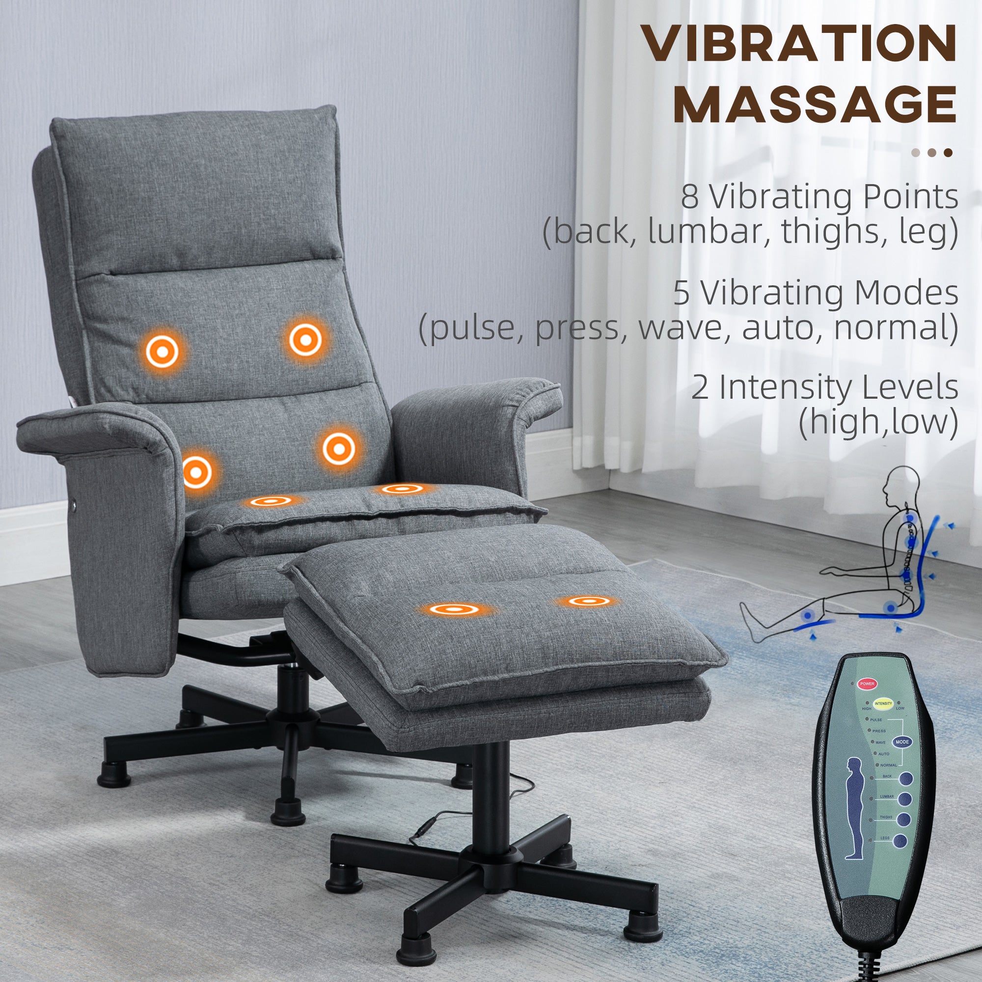 HOMCOM Swivel Recliner Chair and Footstool, Upholstered Massage Recliner Armchair with Remote Control, Timer and Steel Base, Grey - North Peak Garden Furniture