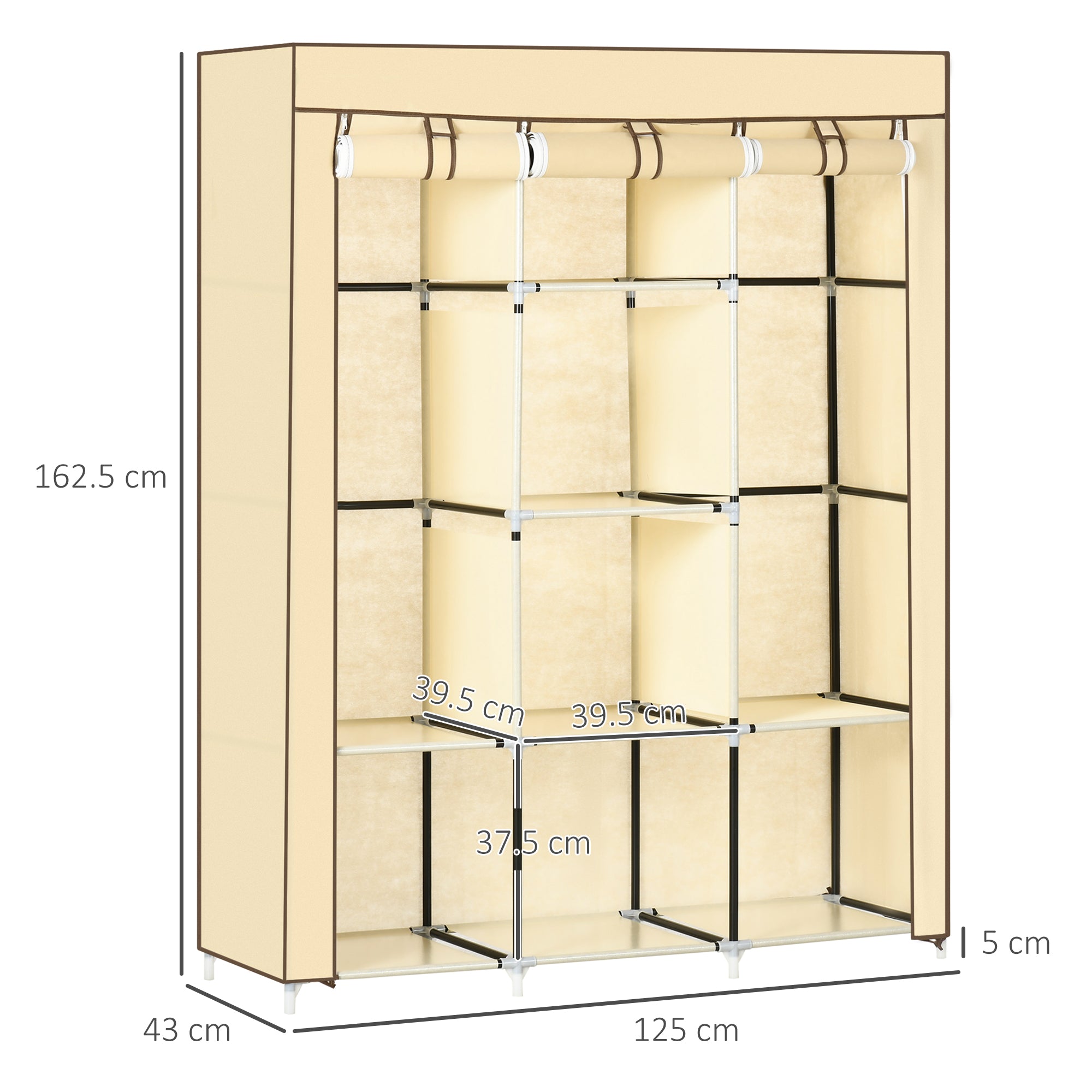 HOMCOM Fabric Wardrobe, Portable Wardrobe, Clothes Storage Unit with 8 Shelves, 2 Hanging Rods, 125 x 43 x 162.5 cm, Beige - North Peak Garden Furniture