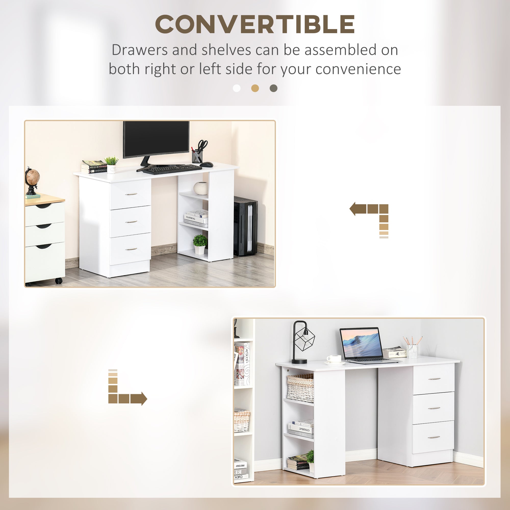 HOMCOM Computer Desk, Writing Table, PC Workstation with 3 Storage Shelves and Drawers, Silver Handle, for Home Office, White - North Peak Garden Furniture