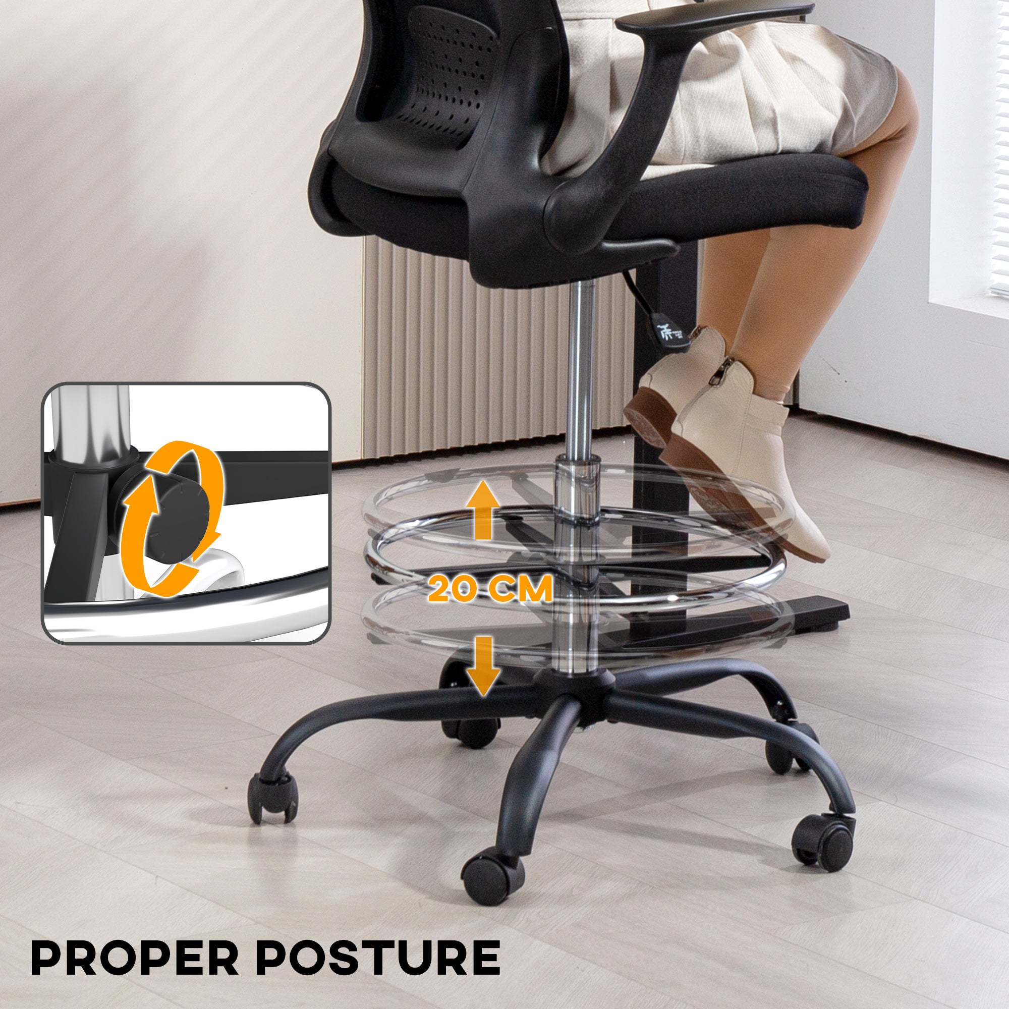 HOMCOM Draughtsman Chair, Mesh Drafting Chair, Ergonomic Office Chair with Flip-up Armrest, Adjustable Foot Ring, Black - North Peak Garden Furniture