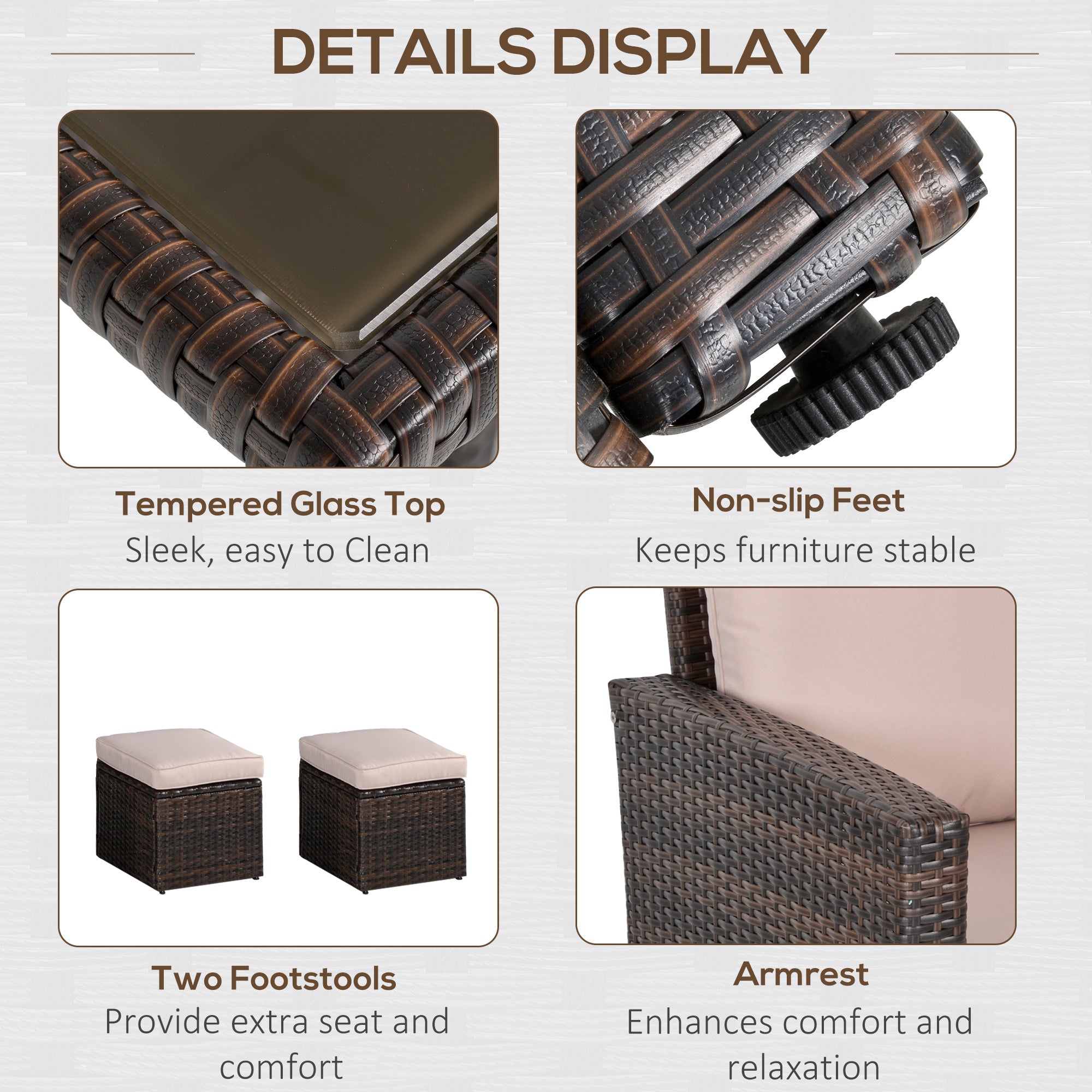 Outsunny Six-Piece Rattan Sofa Set, with Glass-Top Table - Mixed Brown - North Peak Garden Furniture