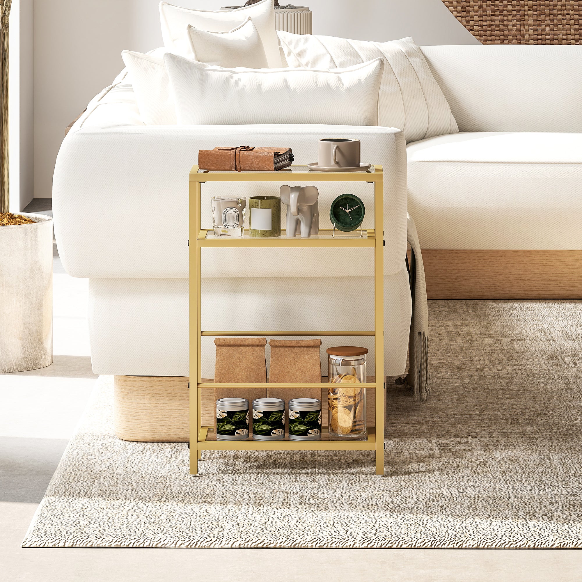 HOMCOM 3-Tier Side Table, Narrow End Table with Storage Shelf and Tempered Glass Tabletop for Small Spaces, Bedroom, Living Room, Entryway, Gold Tone - North Peak Garden Furniture