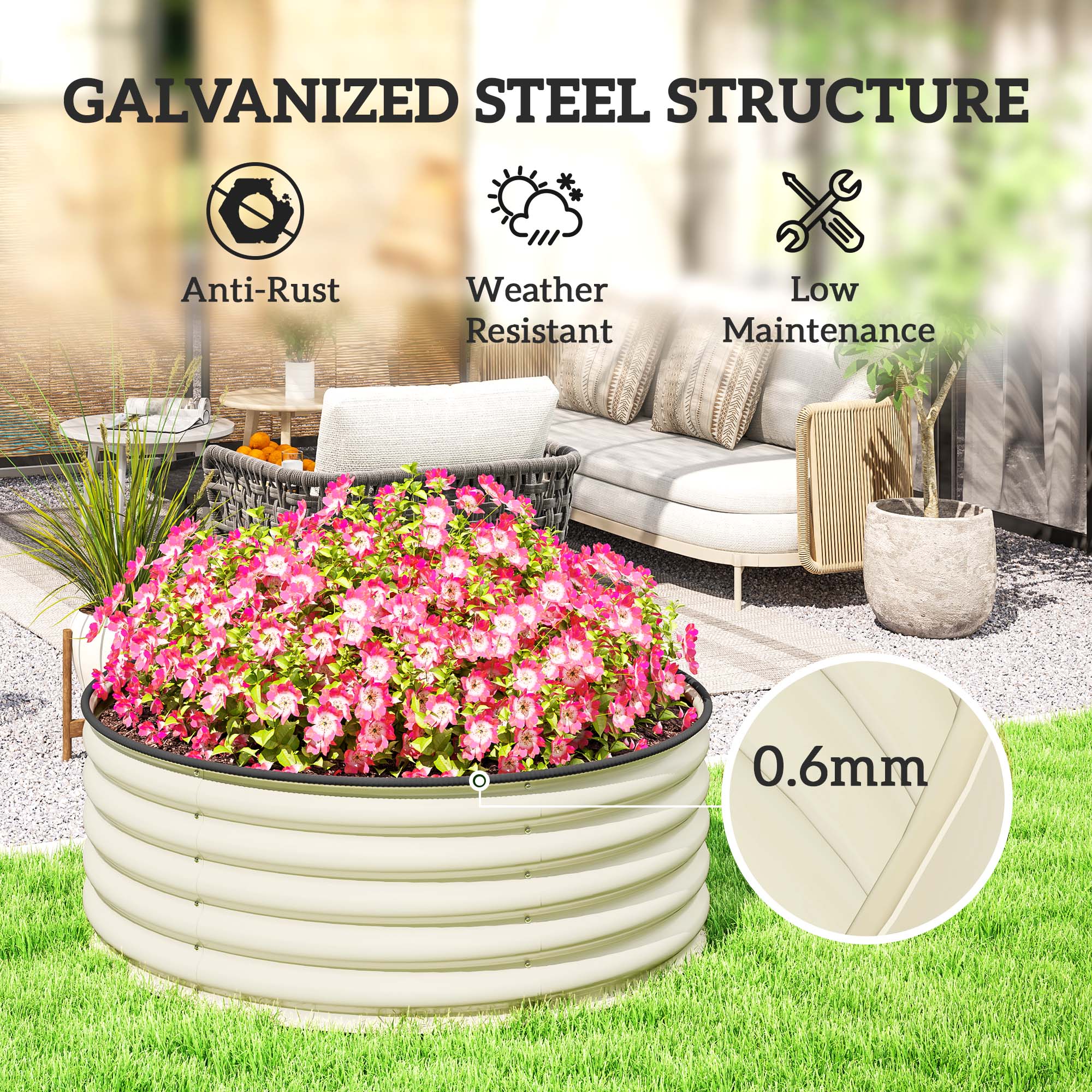 Outsunny Galvanised Raised Garden Bed with Safety Edging, Outdoor Raised Planter Box with Gloves, 120 x 120 x 43cm, Cream White - North Peak Garden Furniture