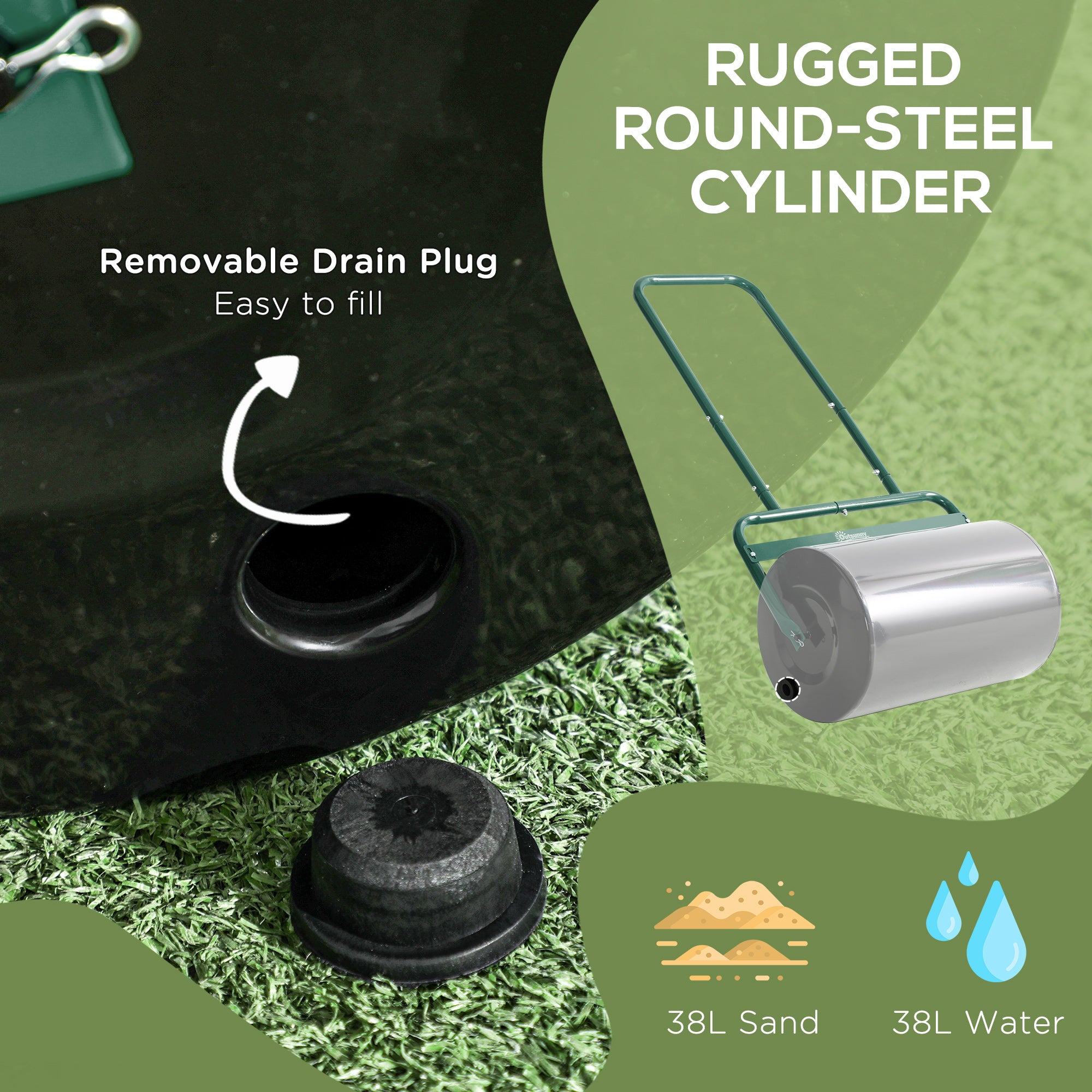Outsunny 38L Fillable Cylinder Steel Lawn Roller - Dark Green - North Peak Garden Furniture