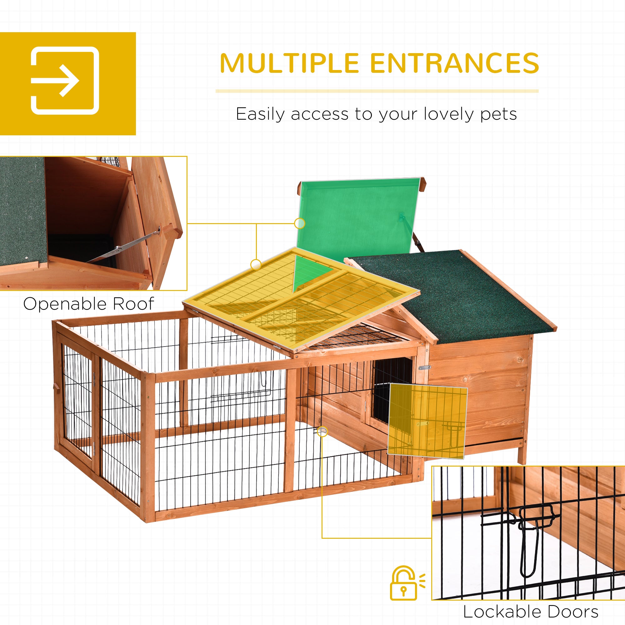 PawHut Wooden Rabbit Hutch Outdoor, Guinea Pig Hutch, Detachable Pet House Animal Cage with Openable Run & Roof Lockable Door Slide-out Tray 146 x 95 x 69cm - North Peak Garden Furniture