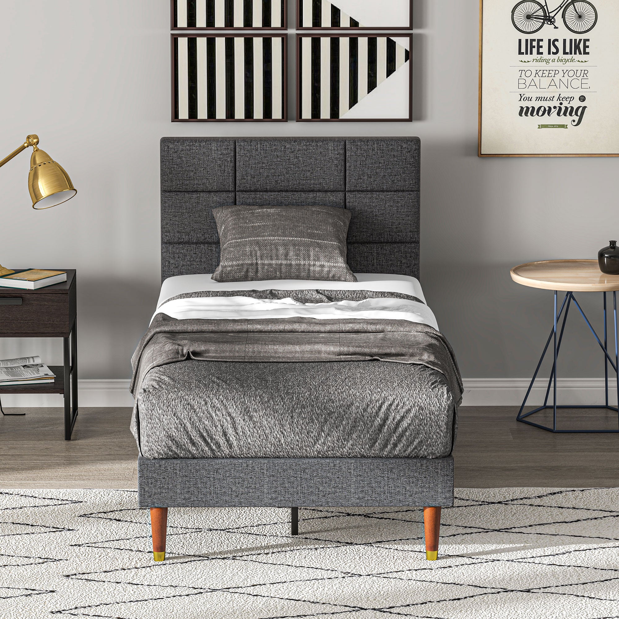 HOMCOM Upholstered Single Bed Frame, with Slats - Grey - North Peak Garden Furniture