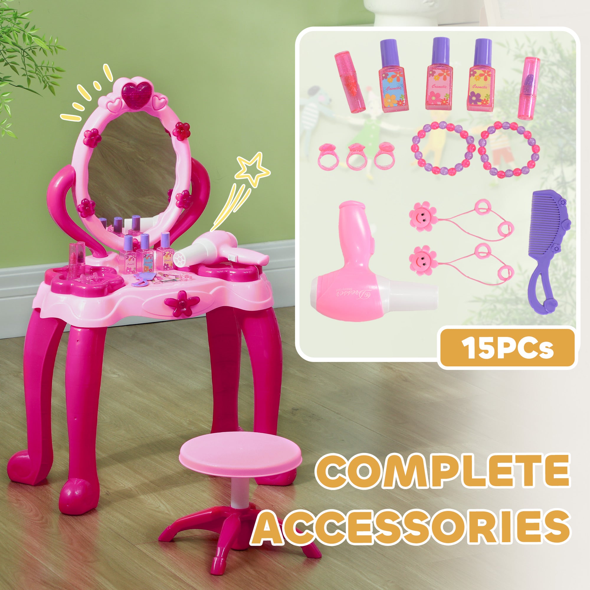 AIYAPLAY Kids Dressing Table with mirror, Stool, Light, Music, 15 Accessories, for Ages 3-6 Years, Pink - North Peak Garden Furniture