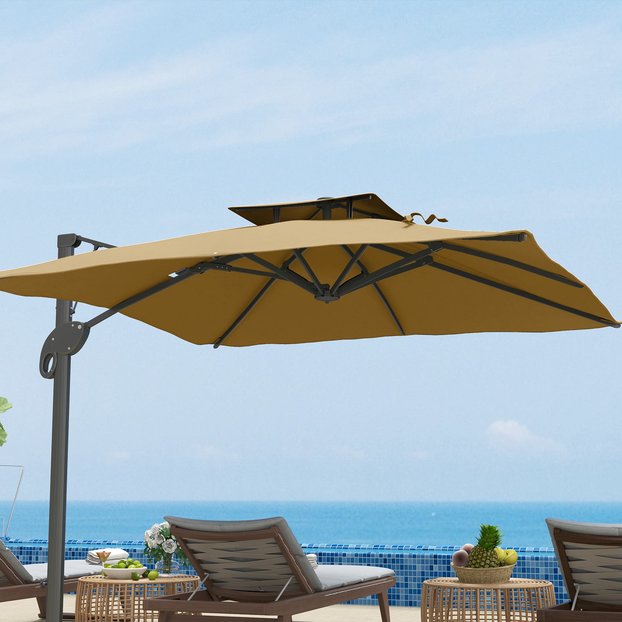 Outsunny Garden Parasol, 3(m) Cantilever Parasol with Hydraulic Mechanism, Dual Vented Top, 8 Ribs, Cross Base, Khaki - North Peak Garden Furniture