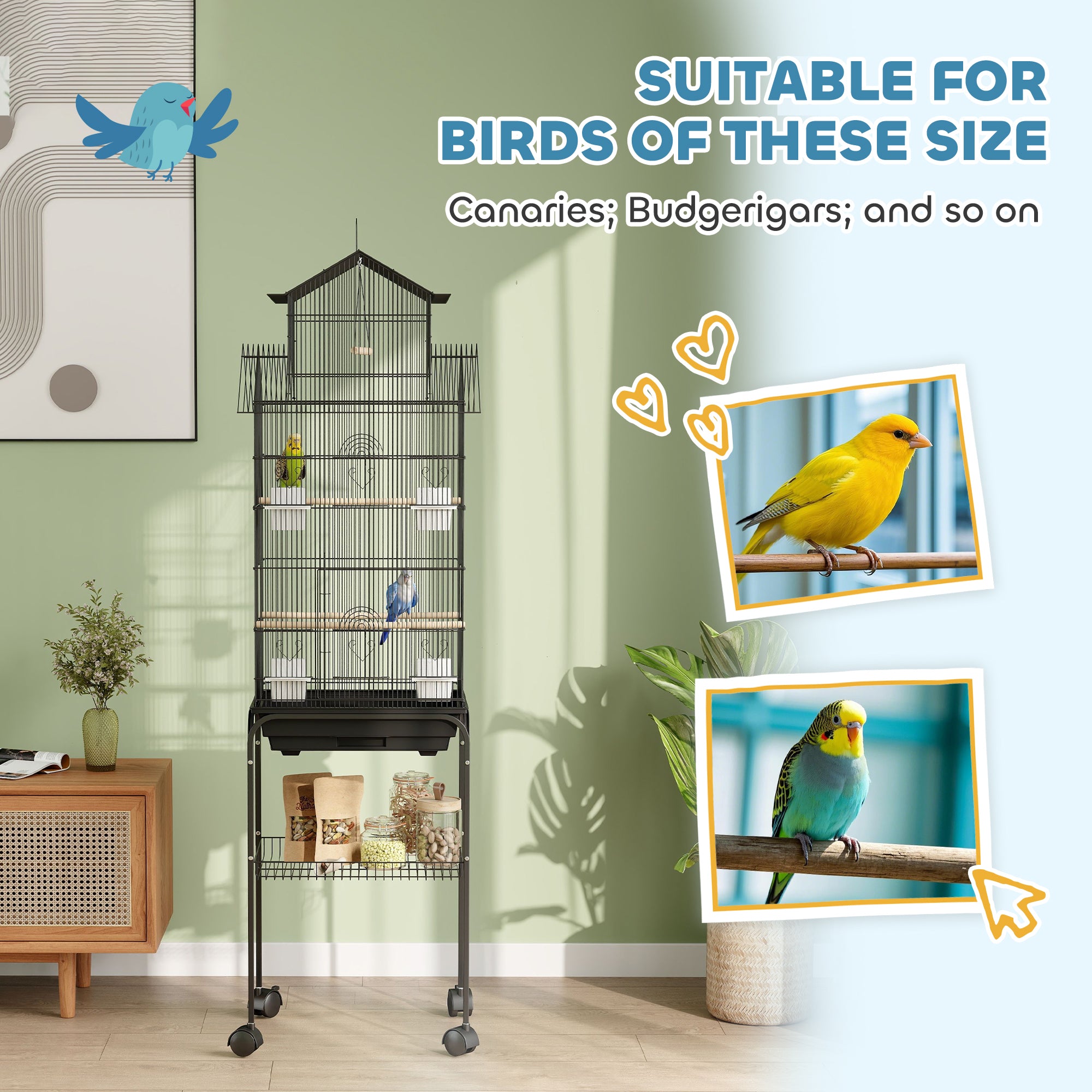 PawHut Metal Bird Cage with Plastic Swing, Perch, Food Container, Tray, Handle, for Finches, Canaries, Budgies, 43 x 32.5 x 163 - North Peak Garden Furniture