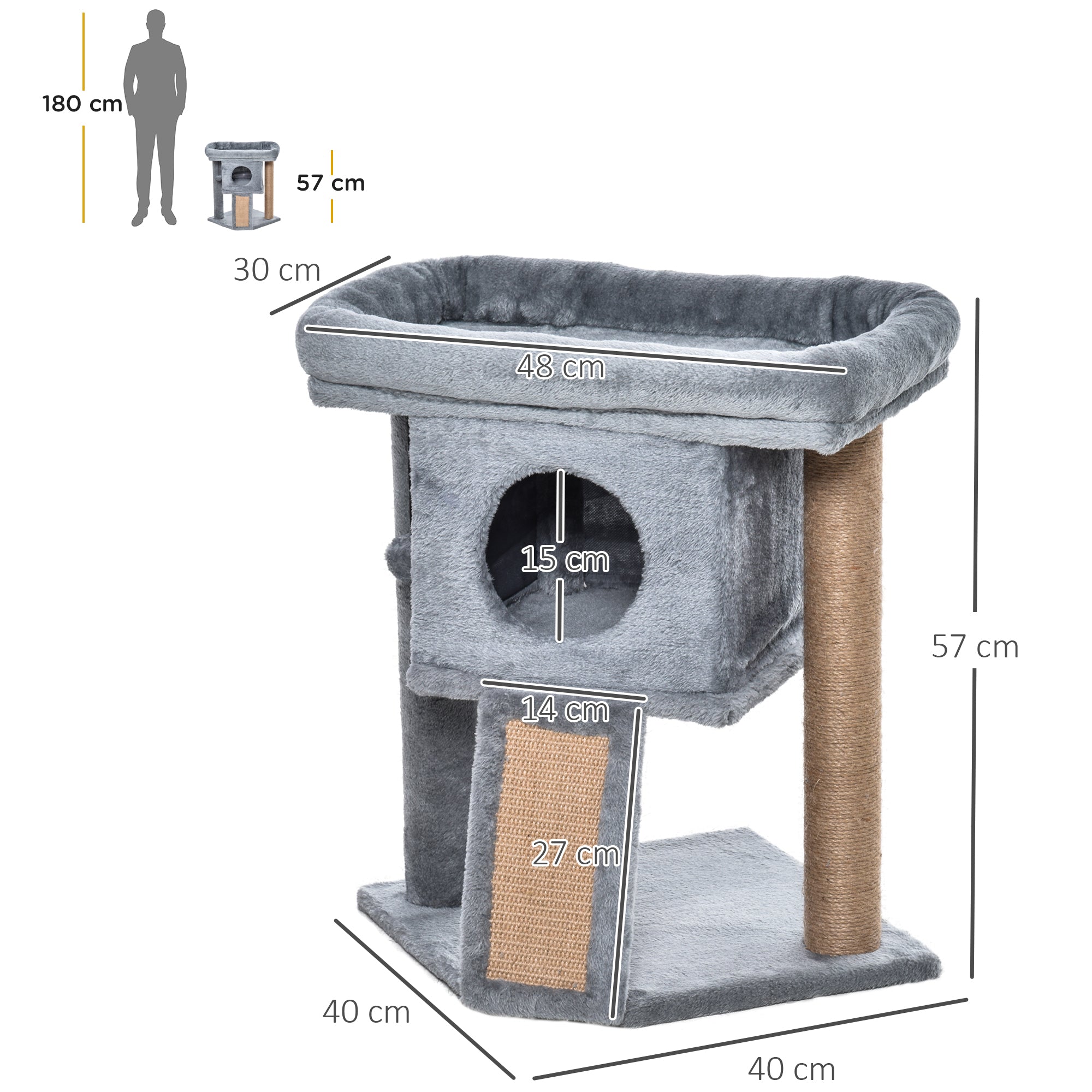 PawHut Cat Tree Tower for Indoor Cats Cat Scratching Post Climbing Activity Centre w/Jute Scratching Pad, Toy Ball, Cat House - Grey - North Peak Garden Furniture