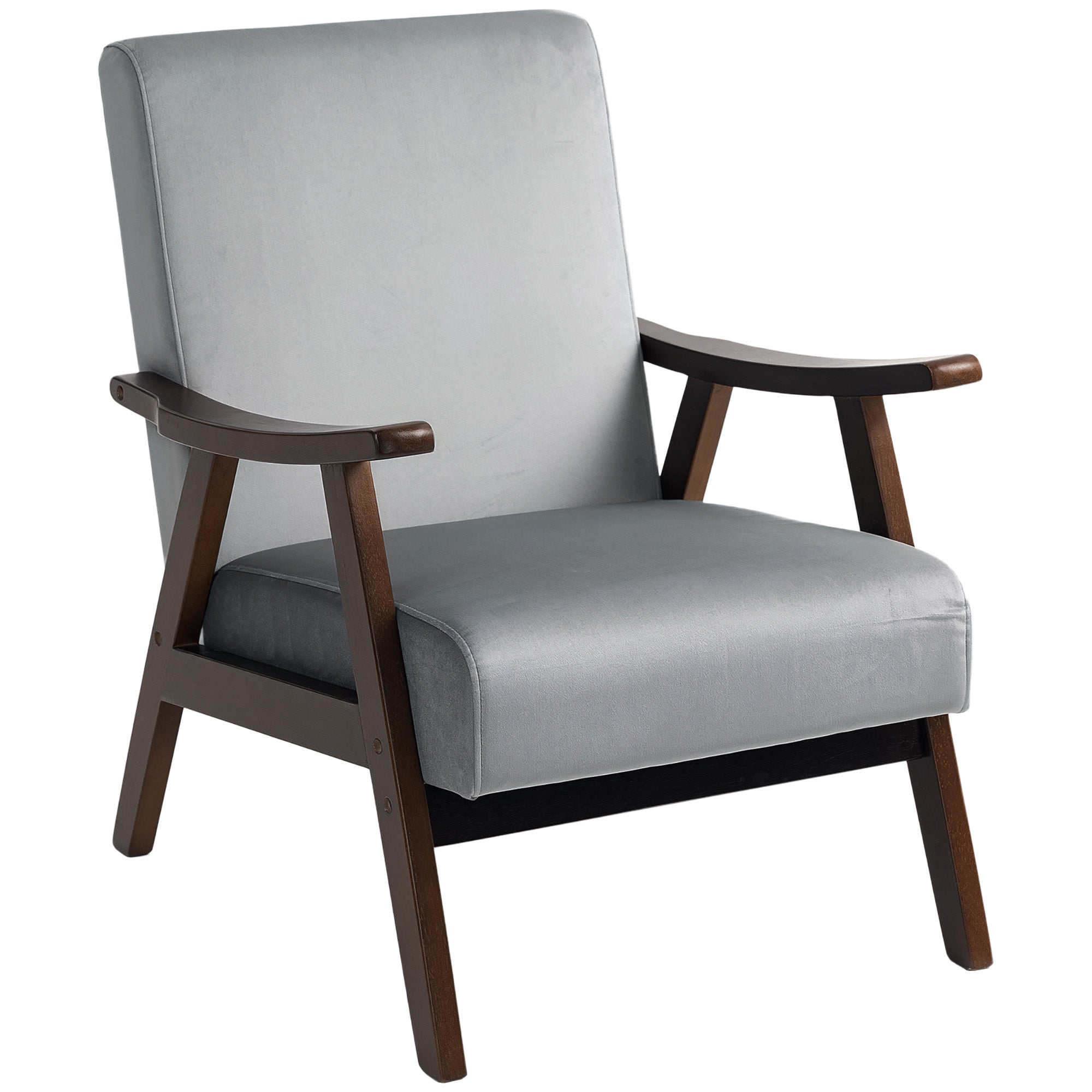 HOMCOM Nordic Accent Chair, Upholstered Velvet Armchair with Solid Wood Frame and Soft Thick Padded for Living Room, Bedroom, Grey - North Peak Garden Furniture