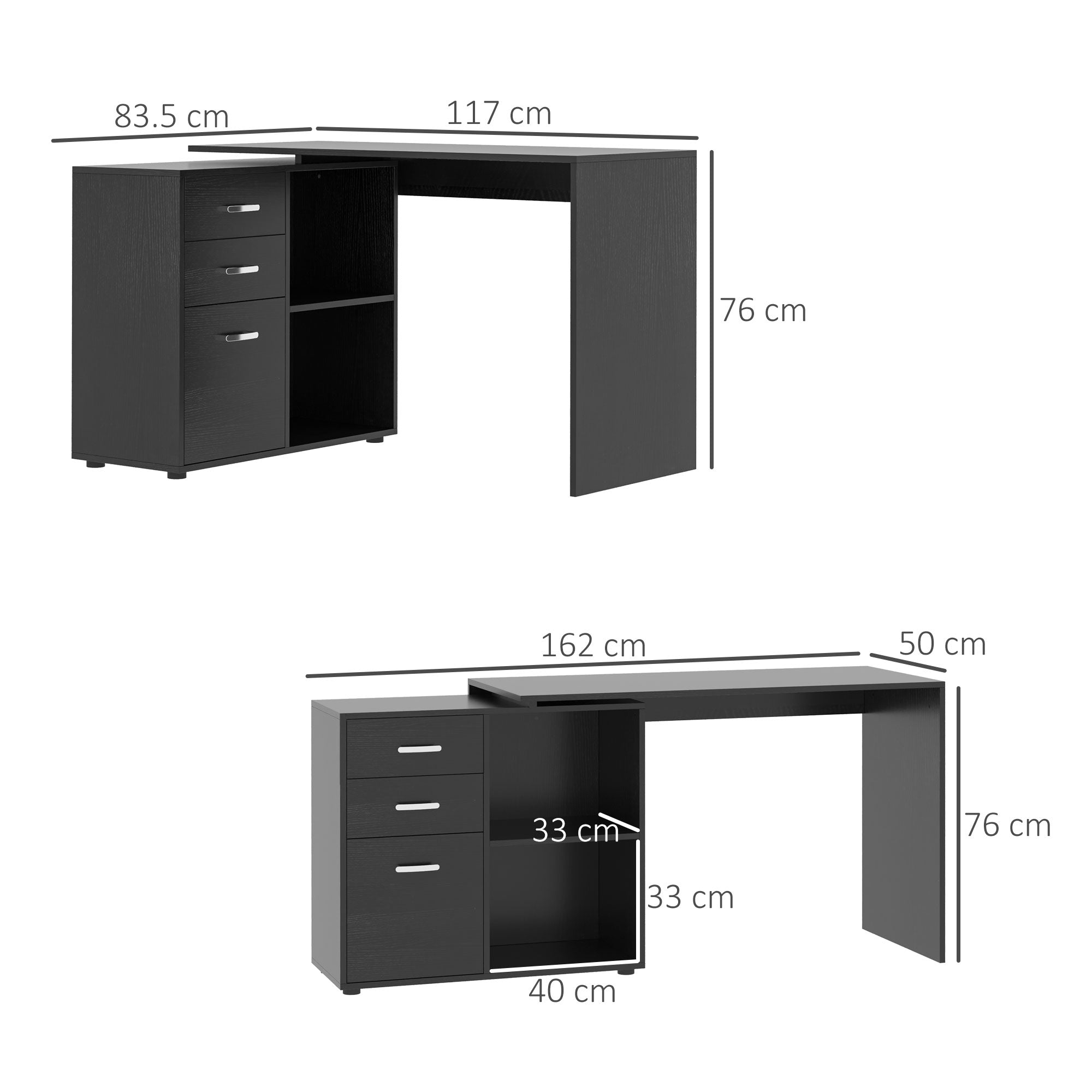 HOMCOM L-Shaped Computer Desk, 2 Shaped Corner Desk with Drawers, File Cabinet and Storage Shelves, Home Office Desk, 117 x 83.5 x 76cm, Black - North Peak Garden Furniture
