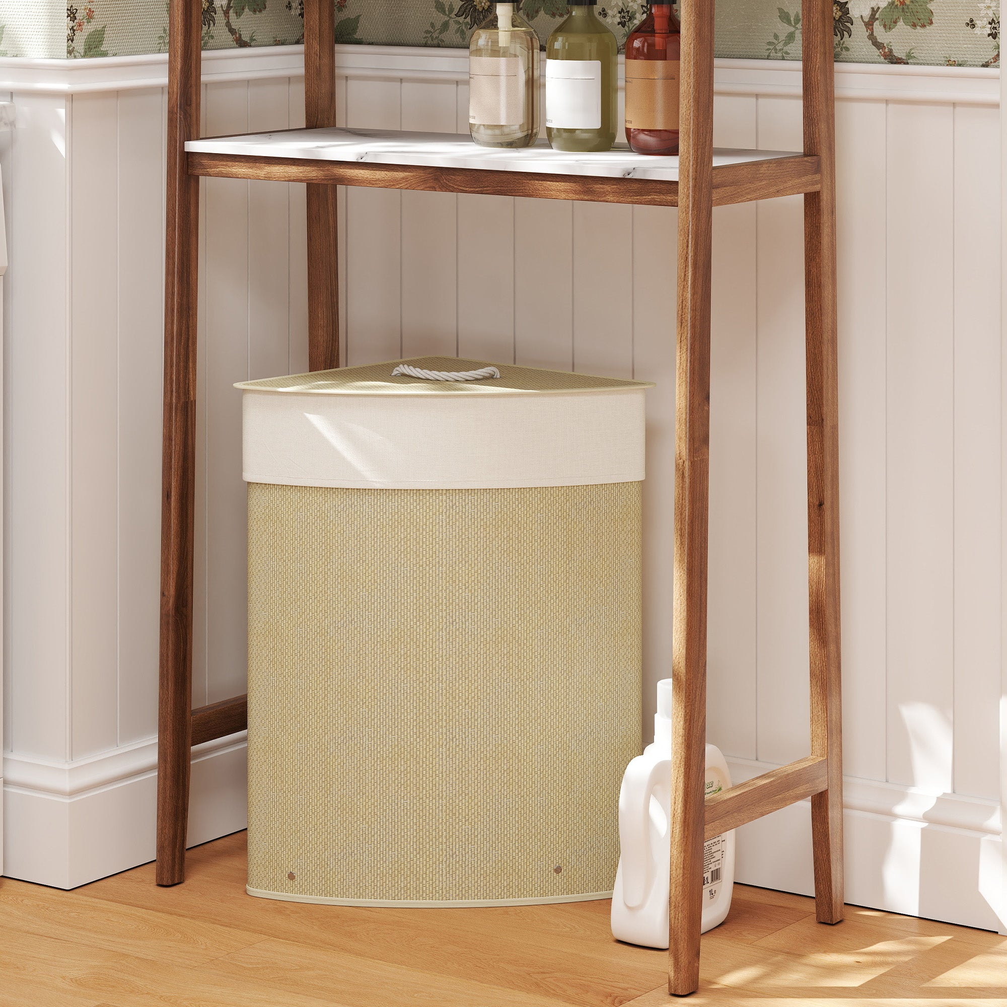 HOMCOM Bamboo Laundry Basket with Lid, 55L Corner Laundry Hamper with Removable Washable Liner Bag, Bathroom Triangle Washing Basket, 35 x 35 x 60 cm, Nature Wood Finish - North Peak Garden Furniture