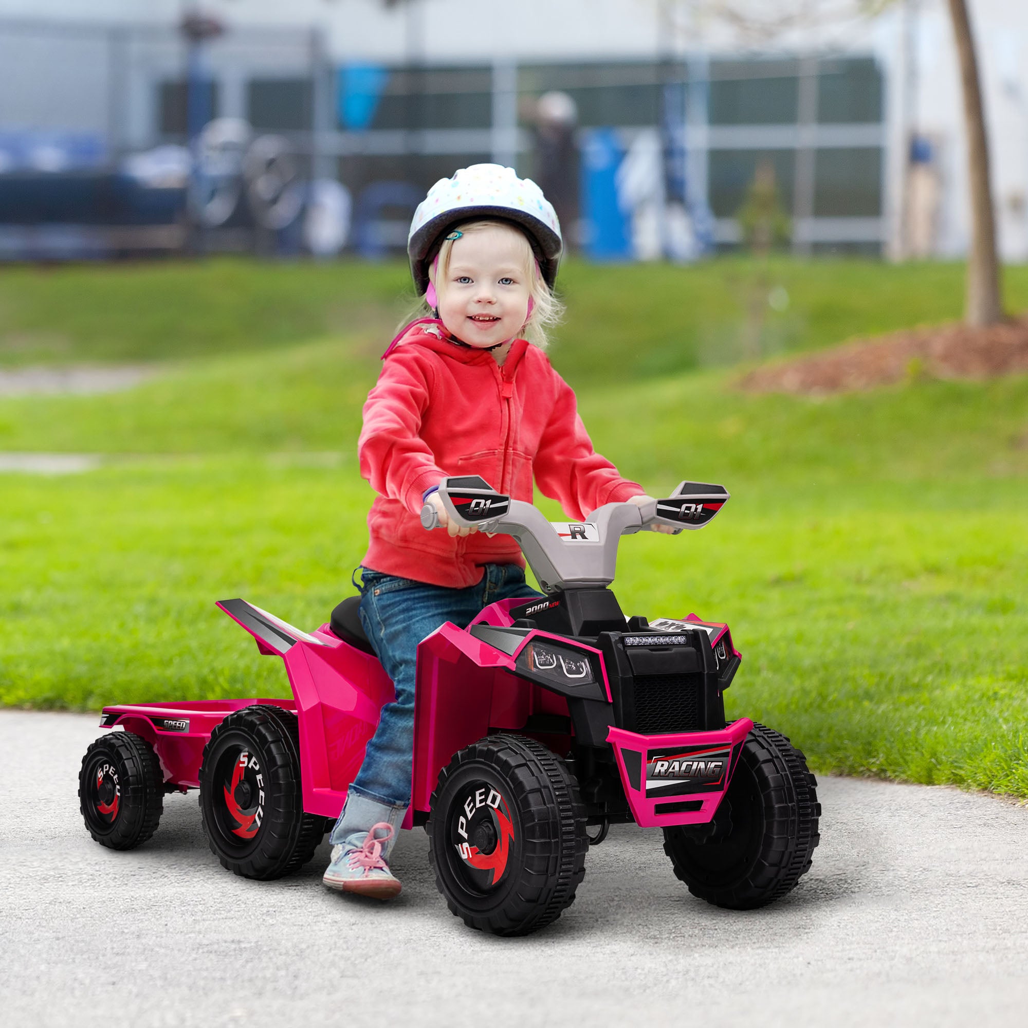 HOMCOM 6V Quad Bike with Back Trailer, Wear-Resistant Wheels, for Ages 18-36 Months, Pink - North Peak Garden Furniture