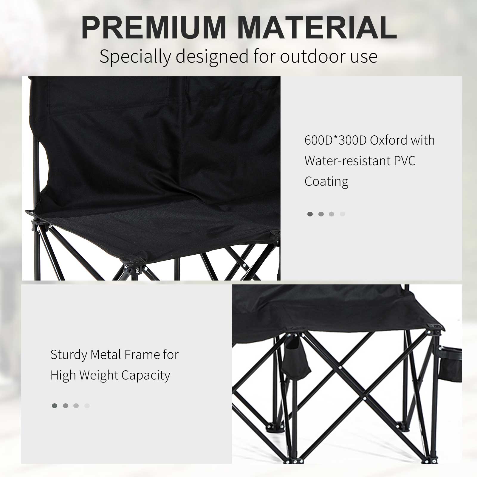 Outsunny 6 Seater Folding Bench, Outdoor Camping Chair Portable Sports Spectator Chair with Steel Frame, Cup Holder & Carry Bag, Black - North Peak Garden Furniture