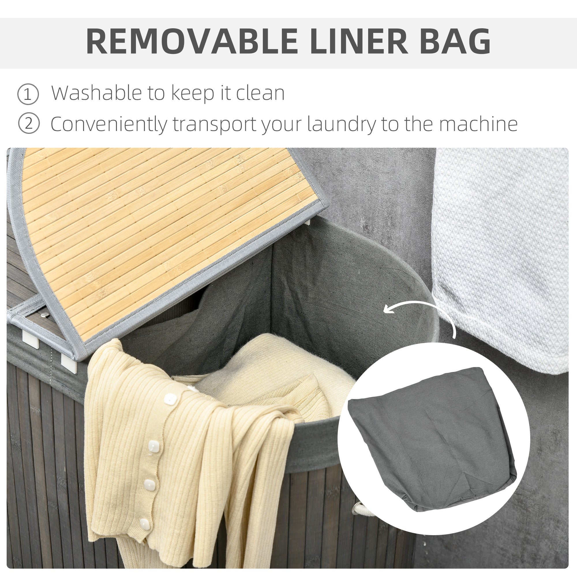 HOMCOM Bamboo Laundry Basket with Lid, 100 Litres Laundry Hamper with 2 Sections, Removable Washable Lining, Washing Baskets, 62.5 x 37 x 60.5cm, Grey - North Peak Garden Furniture