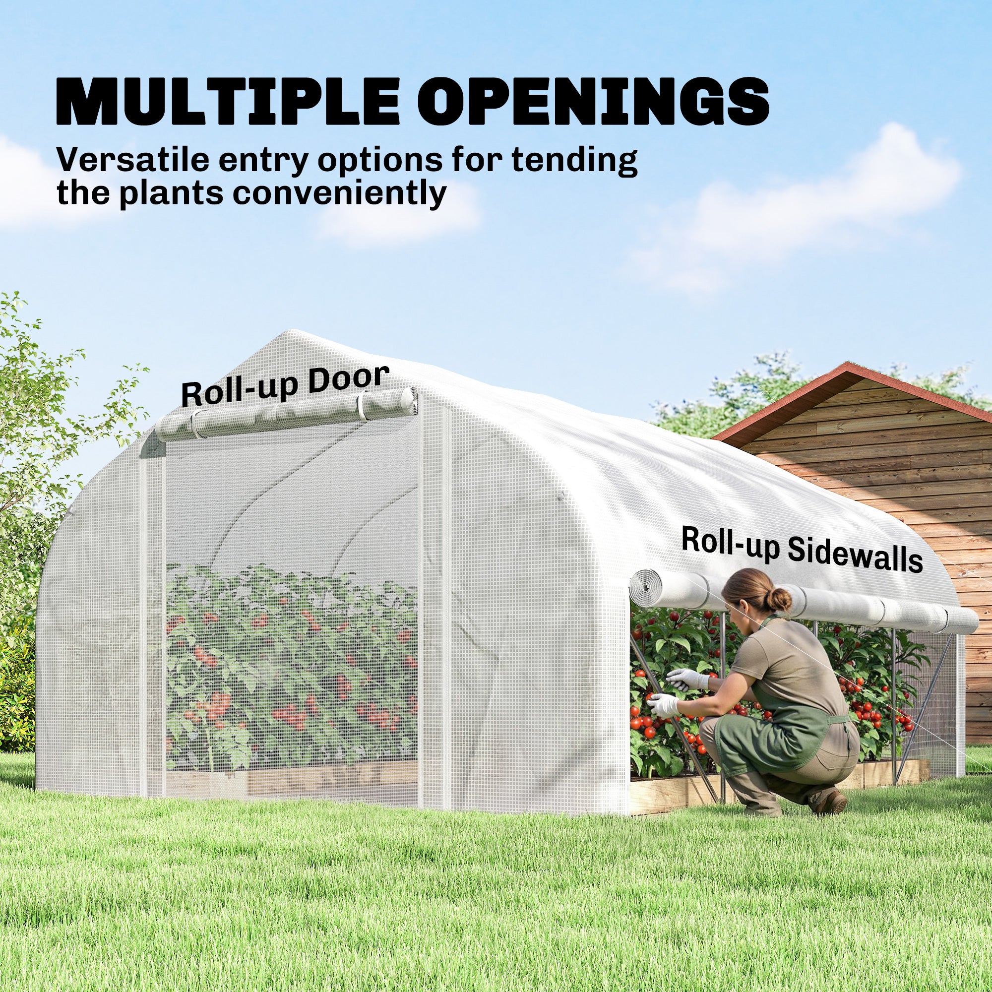 Outsunny 4 x 3(m) Walk-in Polytunnel Greenhouse, Zipped Roll Up Sidewalls, Mesh Door, 8 Mesh Windows, Tunnel Warm House Tent with PE Cover, Complimentary Plant Labels and Gloves, White