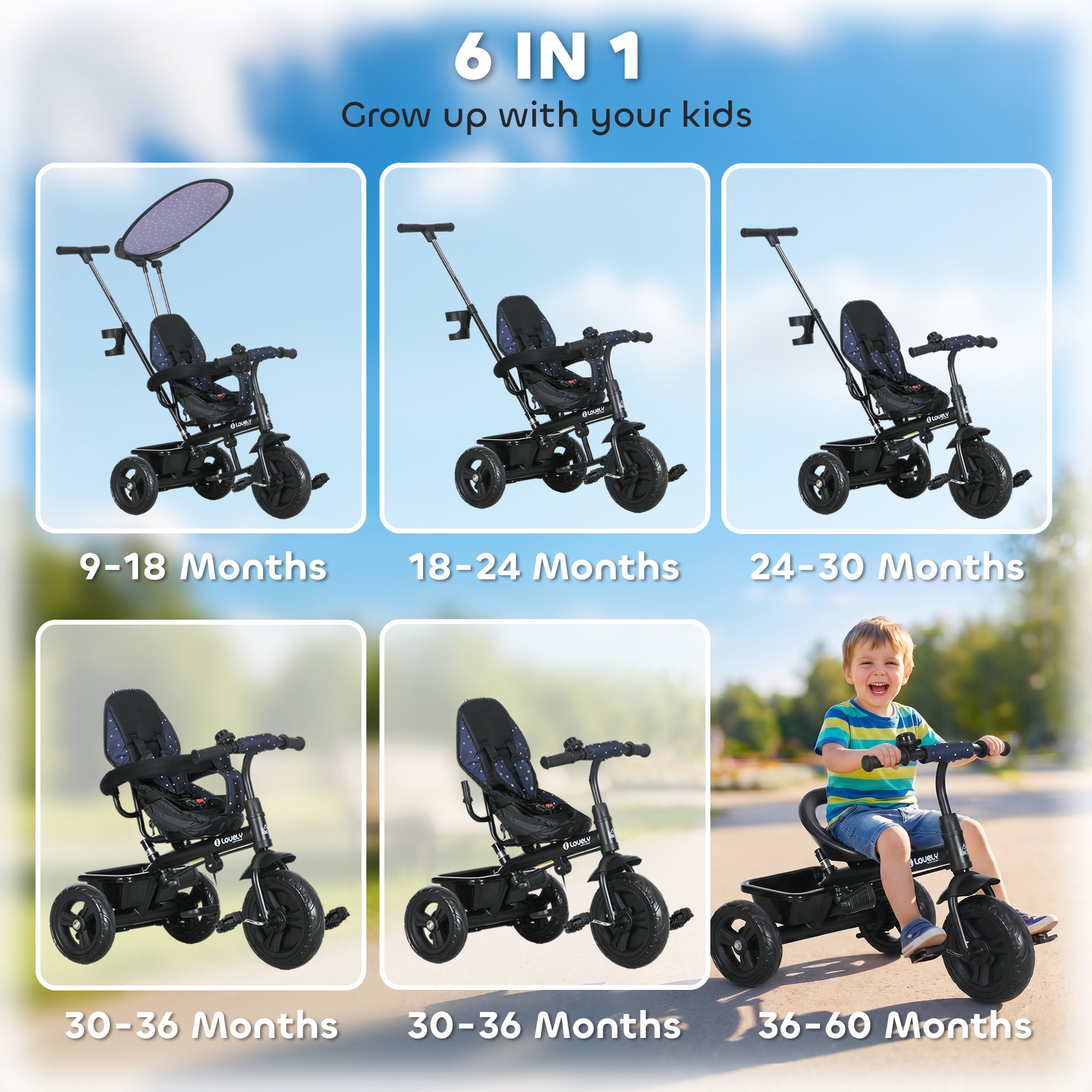 HOMCOM 6 in 1 Tricycle for Kids with 5-point harness straps, Removable Canopy, Dark Blue