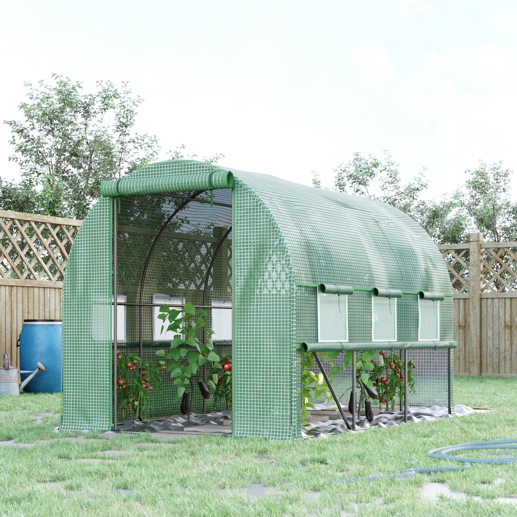 Outsunny Walk-in Polytunnel Greenhouse Green House with Roll-up Sidewalls, UV-resistant PE Cover, 3 x 2 x 2m, Green - North Peak Garden Furniture