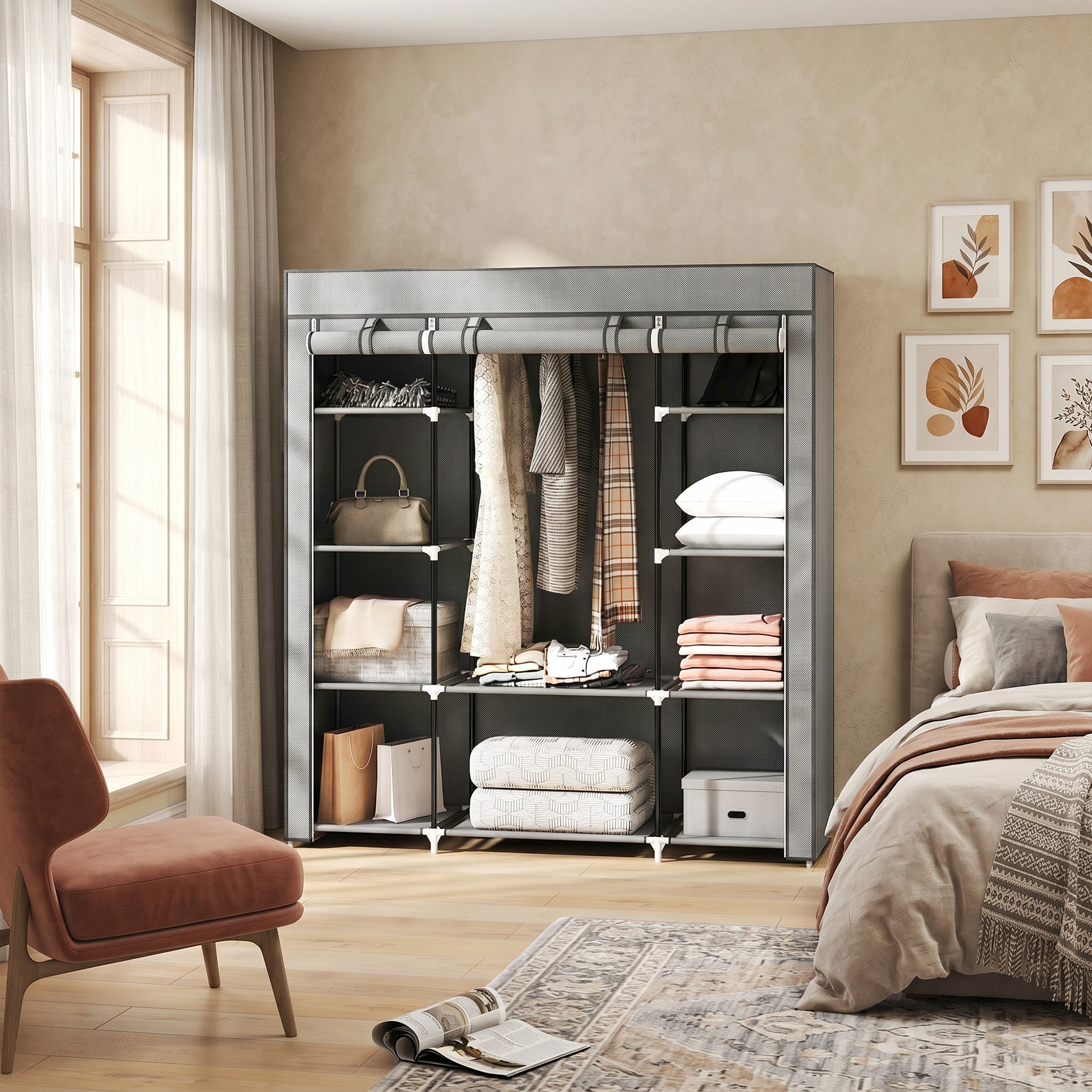HOMCOM Clothes Storage Organiser with Hanging Rail, Shelves, Portable Wardrobe, Foldable Fabric Wardrobe, Light Grey